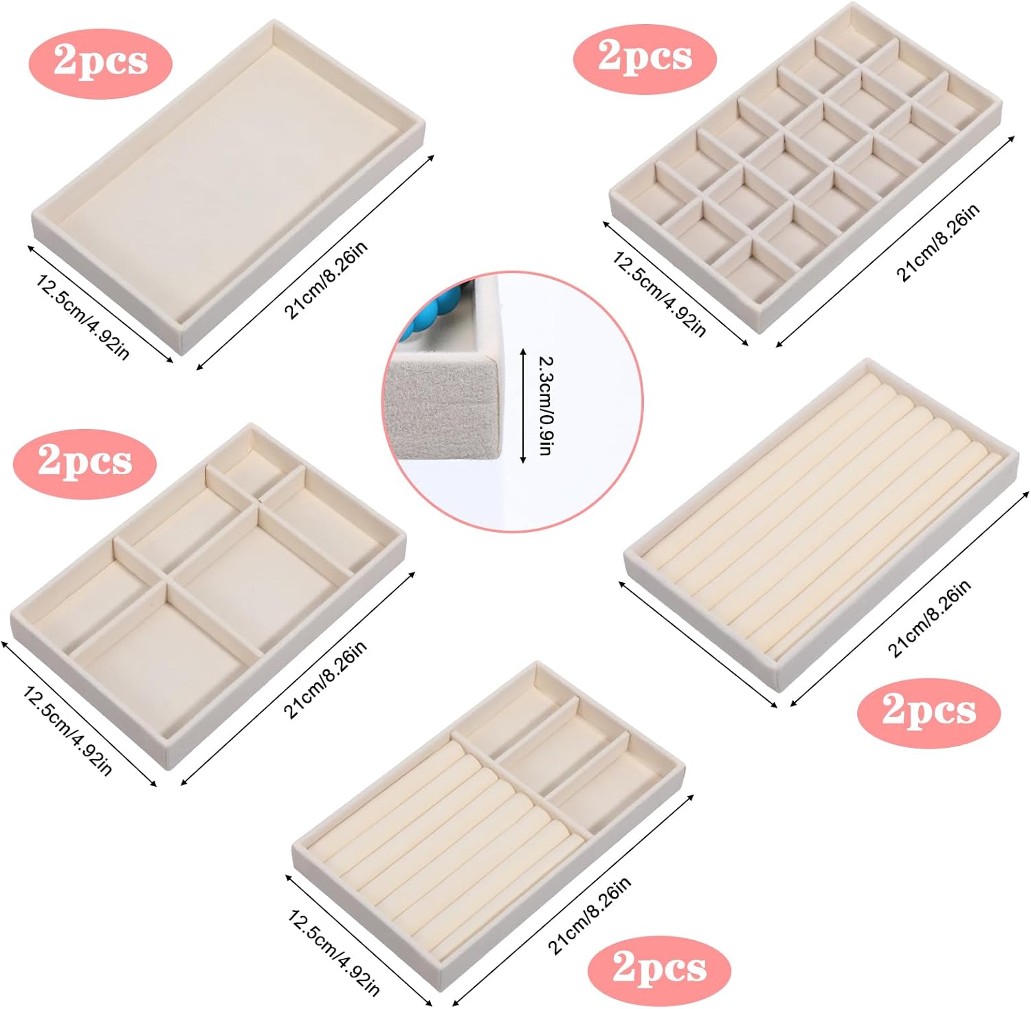 10 Pack Velvet Jewelry Trays – Stackable Drawer Organizer Inserts, Beige Jewelry Storage and Display Trays for Necklaces, Rings, Earrings & Bracelets