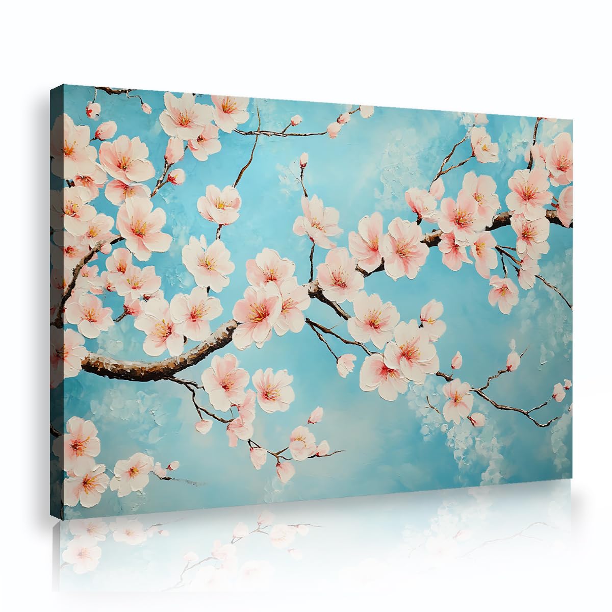 TOANGWALL Cherry Blossom Pink Floral Framed Canvas Wall Art Romantic Spring Tree Branch Sky Blue Picture Gallery Wrapped Printed Poster for Living Room Bedroom Decor 75x115cm