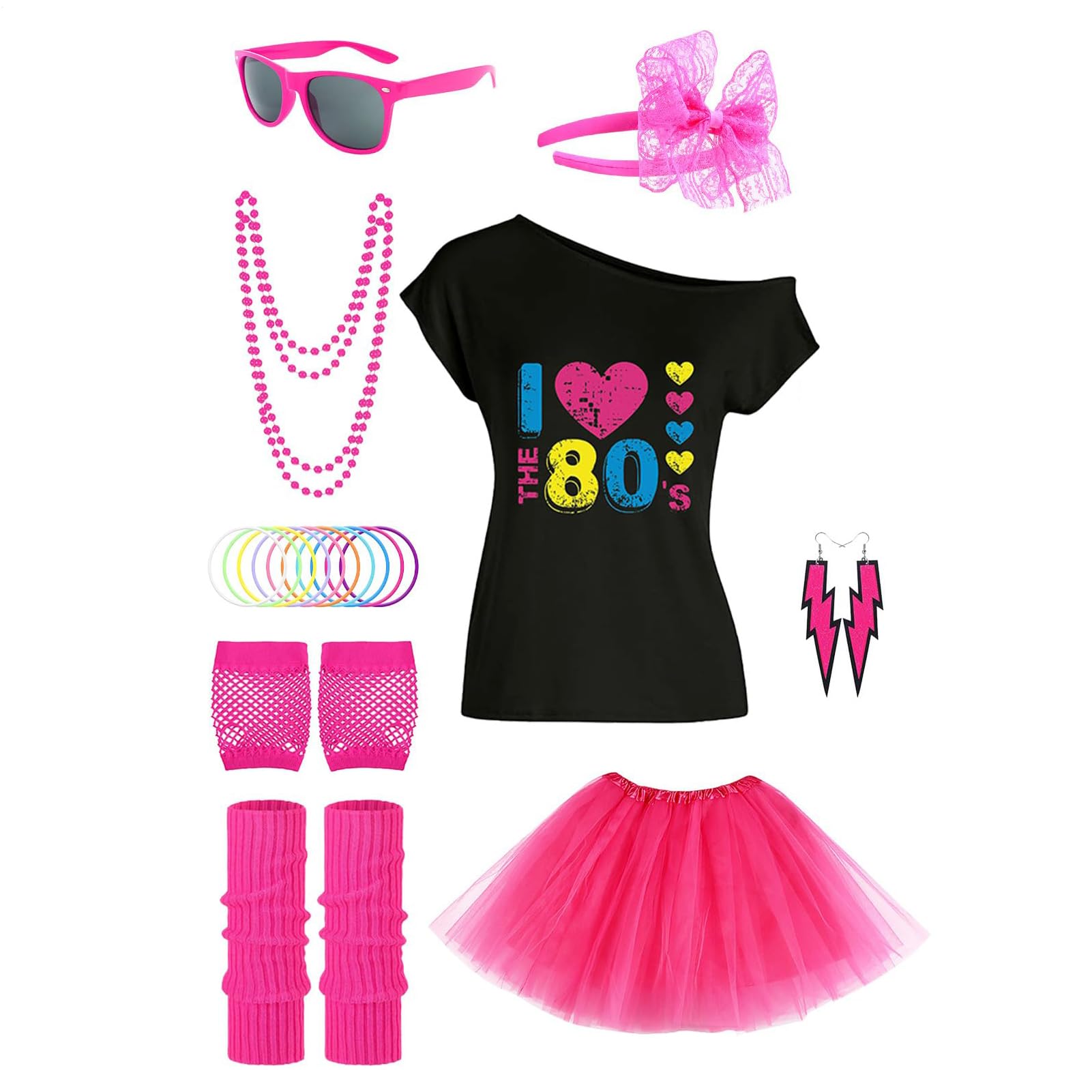 Strój dla kobiet z lat 80., rękawiczki, legginsy, spódniczka tutu, zestaw akcesoriów kostiumowych, top z odkrytymi ramionami, cosplay lata 80., ubrania dla kobiet