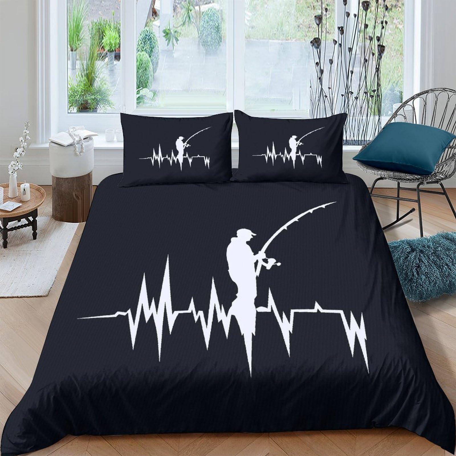 Ctjqhvkz Style-1 3D Printed Fisherman Heartbeat Fitted Sheet Microfiber Black Bed Cover For Bedroom Dorm Mattress Decor Washable Single（135X200cm）