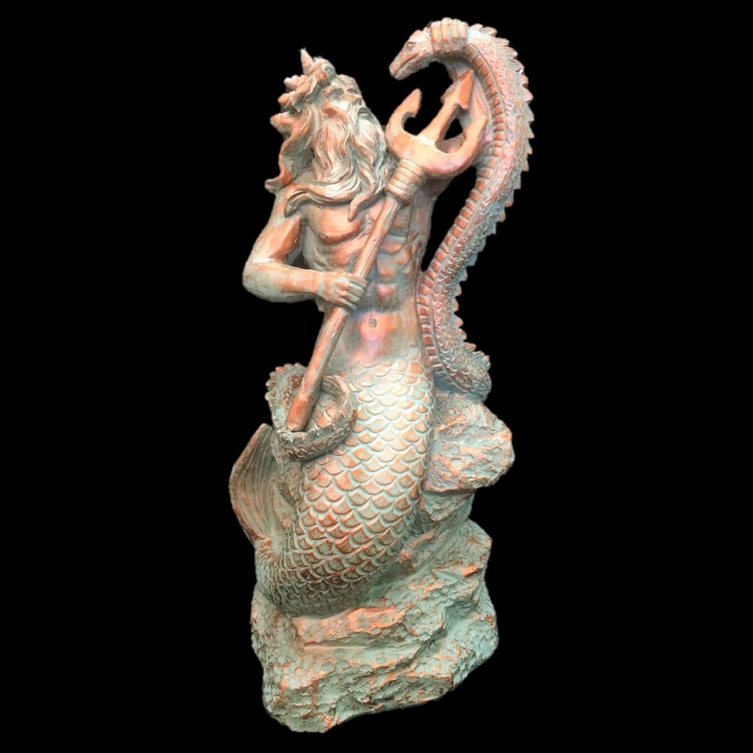16 in. Poseidon Ruler of The Sea Mermaids on Nautical Rock Bronze Patina Finish Beach and Pool Statue