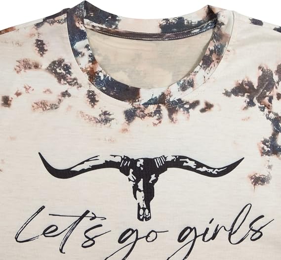 Let's Go Girl Shirt Women Western Bleached T-Shirt Retro Country Music Tee Shirt Cowgirls Shirts Short Sleeve Tops