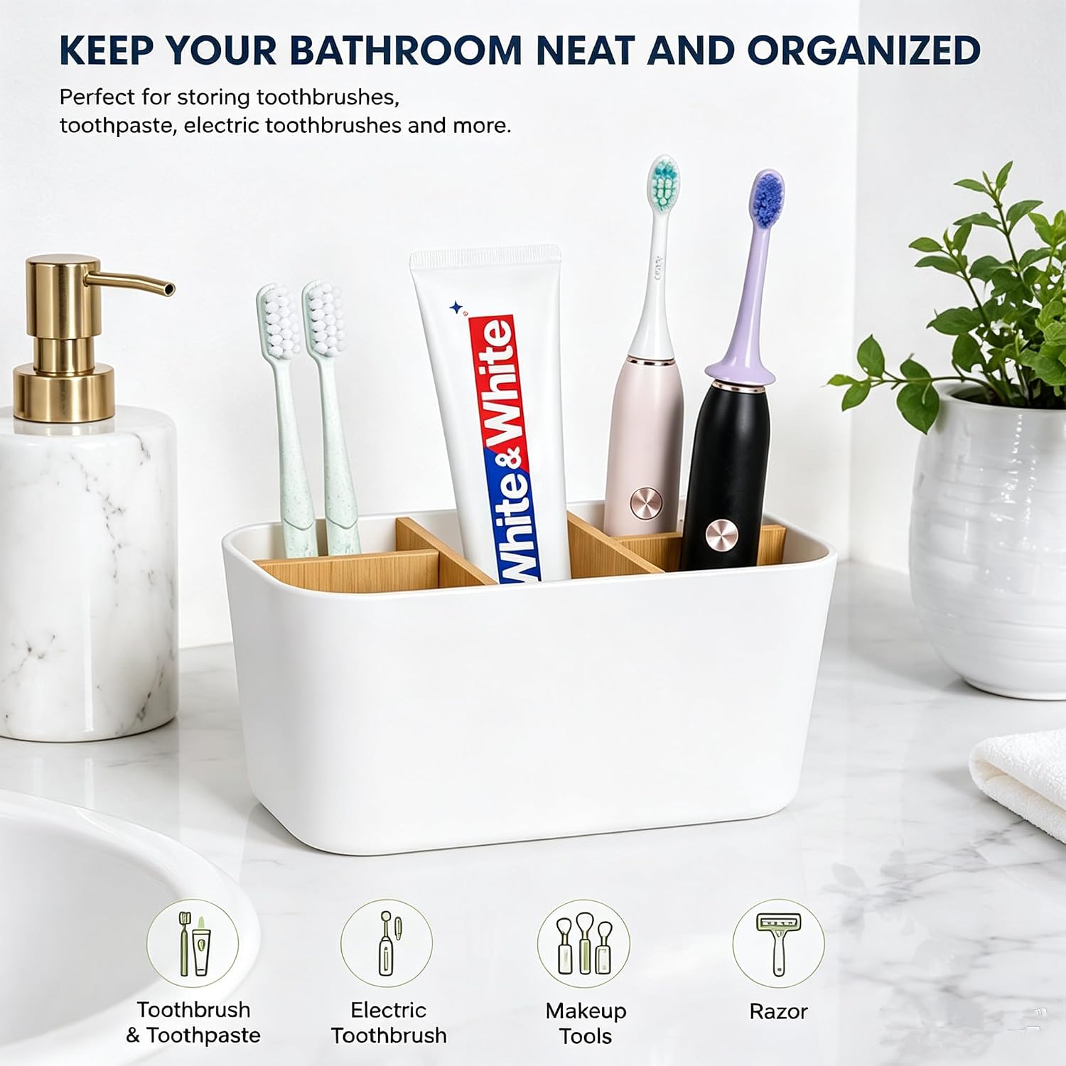Toothbrush and Toothpaste Holder with Bamboo Dividers for Bathroom