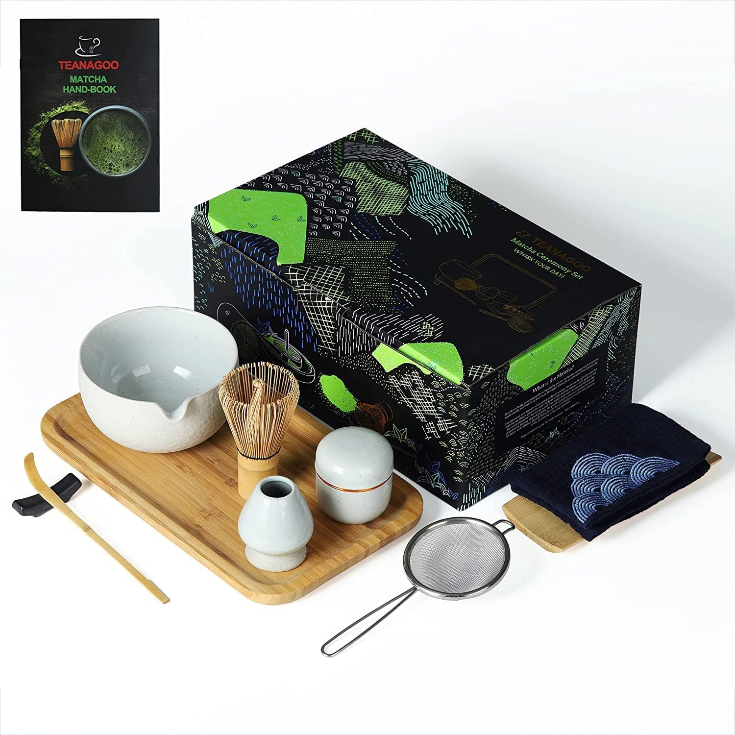 TEANAGOO Japanese Tea Set, Matcha Whisk Set, Matcha Bowl Bamboo Matcha Whisk (chasen), Scoop, Matcha Whisk, Tea Set O3, Matcha Powder Pack,Match with Tray