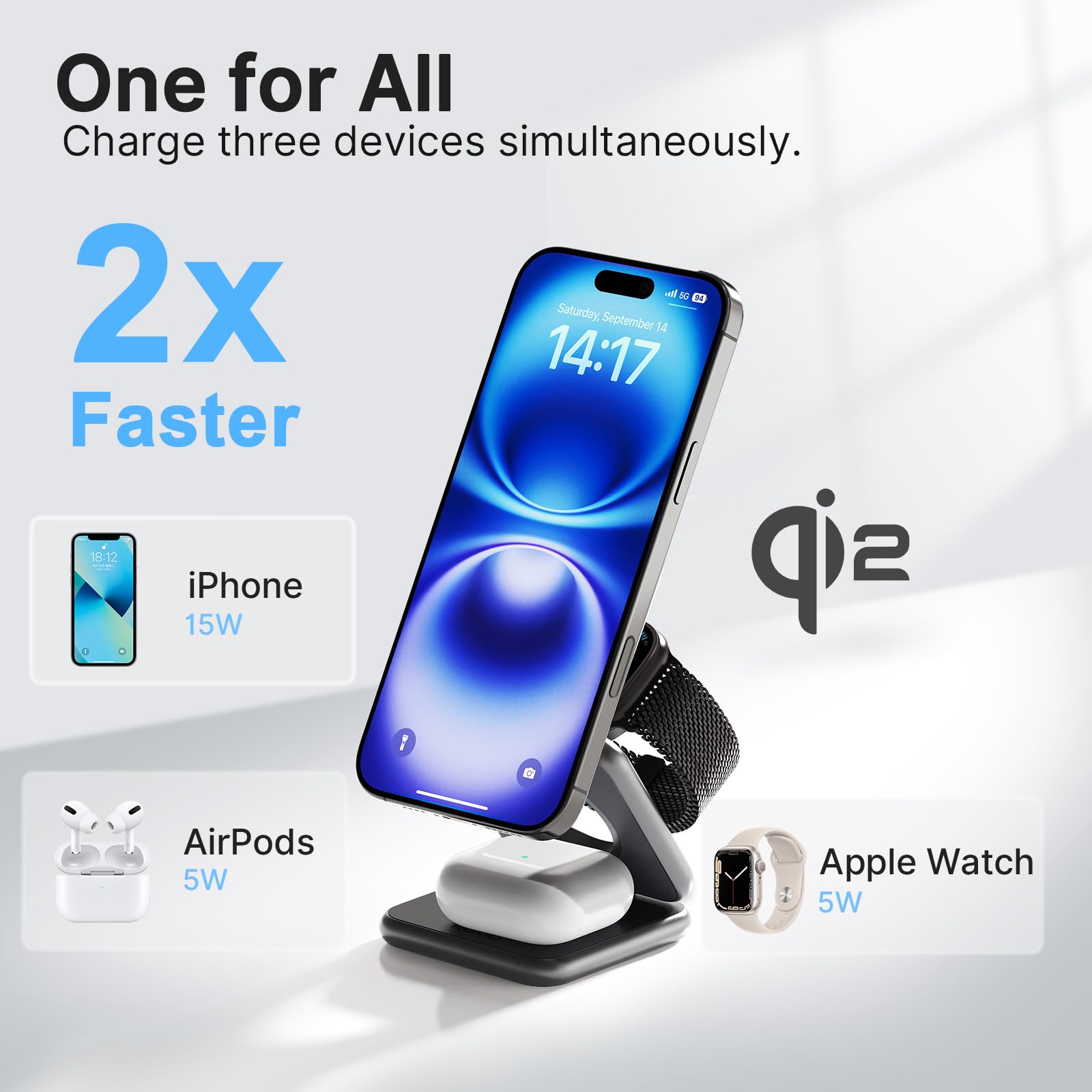 KU XIU X40Q Foldable 3-in-1 Wireless Charging Station, Qi2-Certified 15W Fast Wireless Charger Stand for iPhone 12-17 Series - Image 3