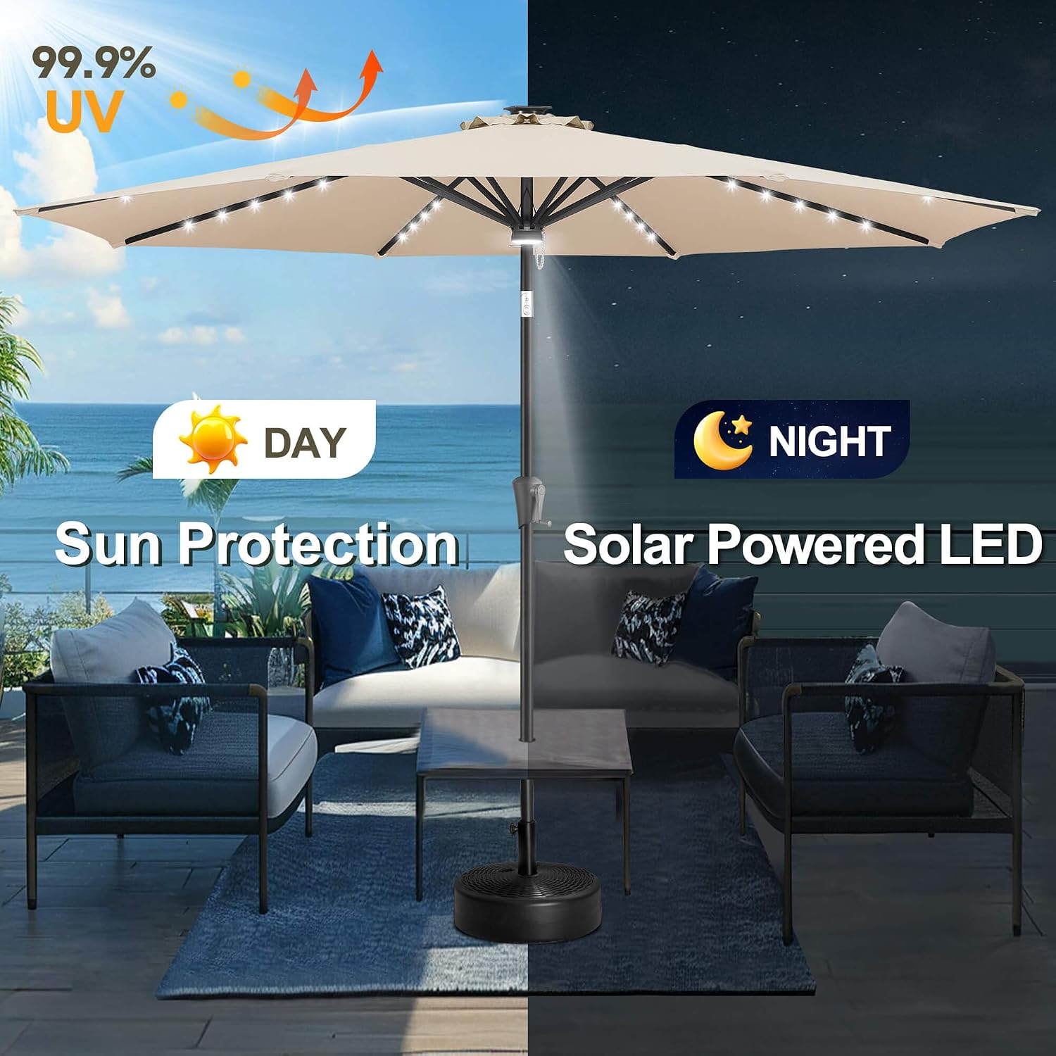 FLAME&SHADE 11 FT Solar Light Patio Umbrella, 40 LED lights outdoor umbrella with Centre Surround Light, Table Market Umbrella for Deck, Pool, Porch, Backyard, Garden, UV Protection, Beige