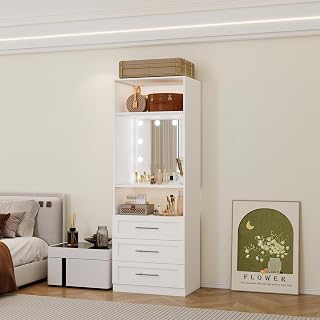 Fastgo Closet System with Drawers, 2-9.8FT Custom Closet Organizer System with 4 Expandable Hanging Rods& Shelves, Modular Closet Systems with Light & Mirror, White