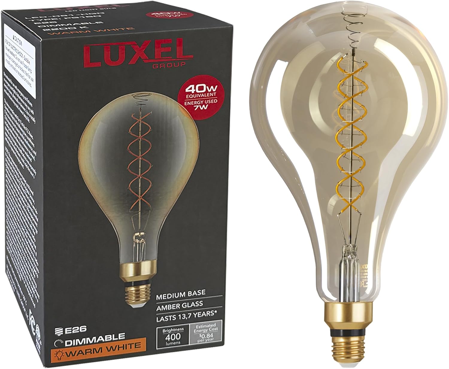 Oversized Edison LED Light Huge Bulb Vintage PS52(PS160) 7W Equivalent 40W - Dimmable 2200K Warm Amber Glow 400 Lumens E26 Base - Large Filament Decorative Bulbs - 360° Beam (Golden Glass)