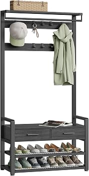 VASAGLE Hall Tree with Bench and Shoe Storage, Hallway Coat Rack with Shoe Bench, 2 Fabric Drawers, 10 Hooks, 30 x 80.4 x 181.6 cm, Stone Grey and Ink Black HSR429B04