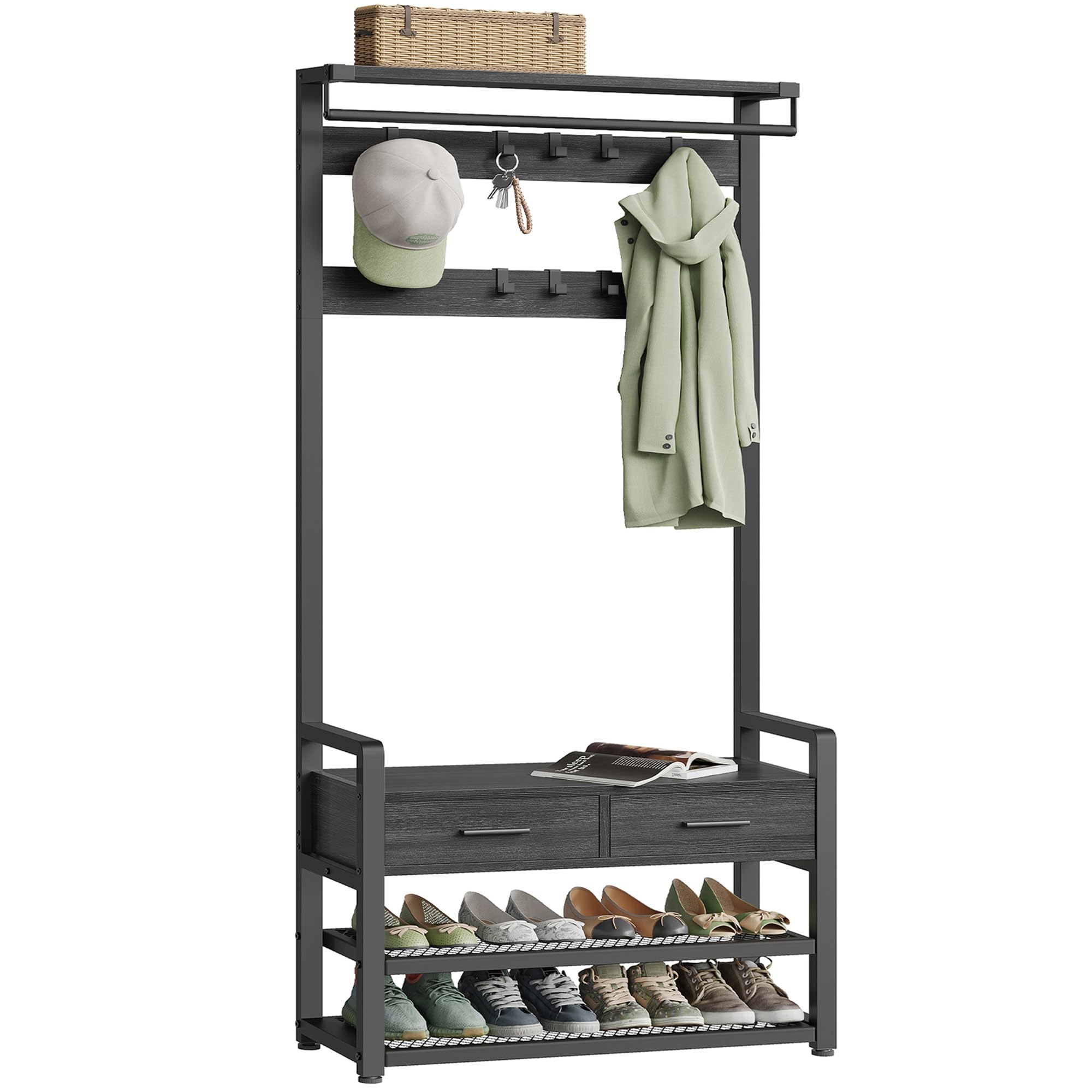Coat Rack with Shoe Bench and 2 Fabric Drawers, Ink Black