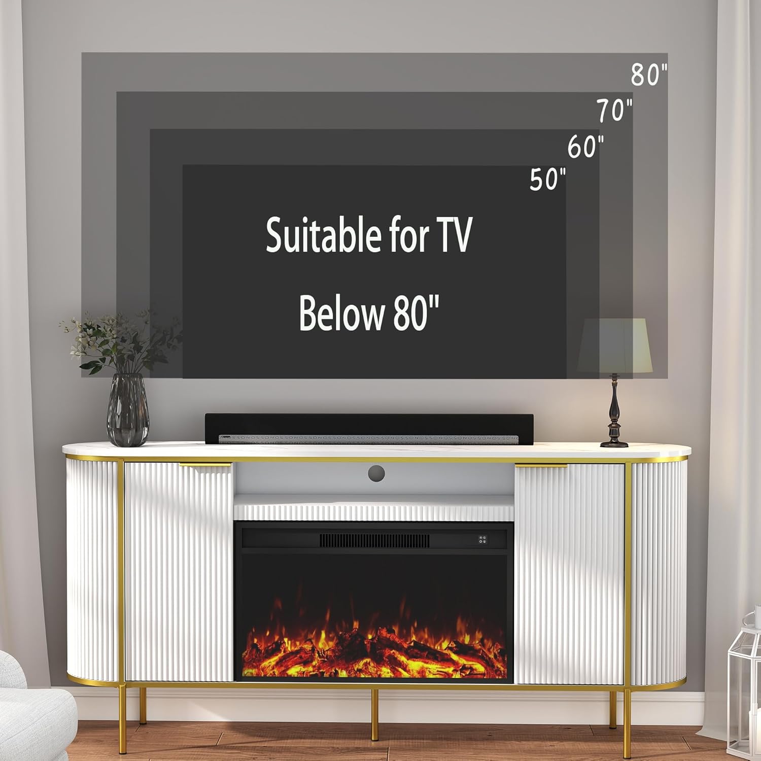 Fluted Fireplace TV Stand: 70" White Entertainment Center for TVs Up to 80 inch, Luxury Media Console with 30" Electric Fireplace, Modern TV Consoles for Living Room, Faux Marble Top - Image 3