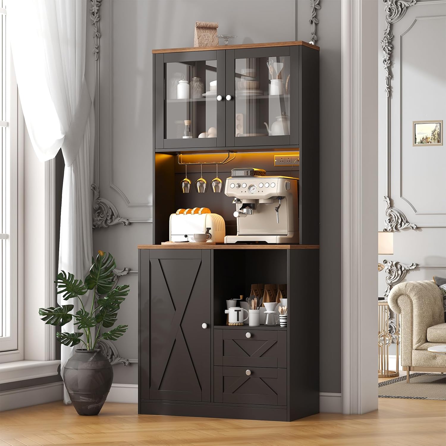 CBBPET 71" Tall Coffee Bar Cabinet with Storage Hutch, Farmhouse Kitchen Pantry Cabinet with LED Lights Microwave Stand and Glass Holder for Home Dining Room Kitchen (Black)