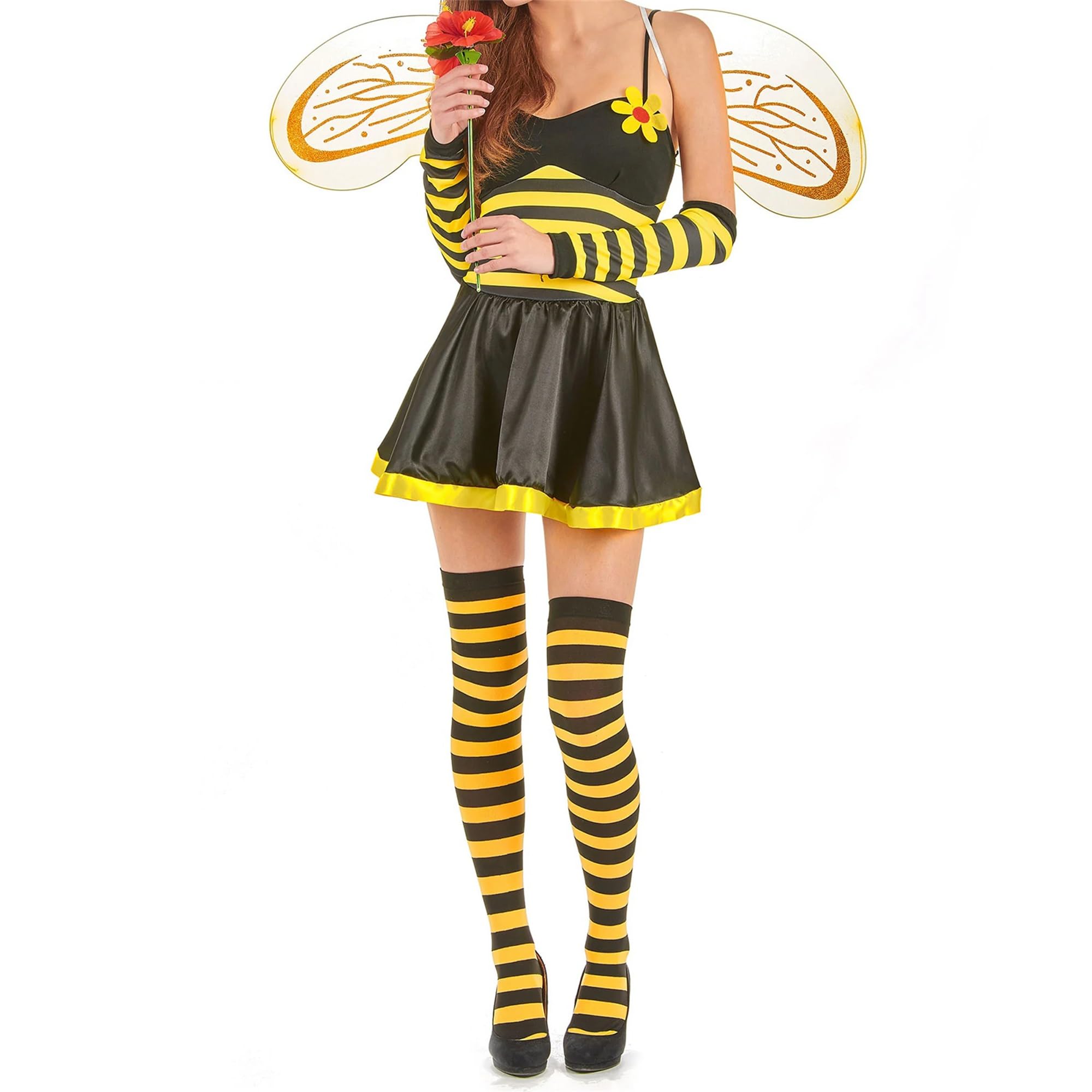 Acrawnni Womens Cosplay Costume Set Halloween Yellow Honey Bee Dress with Wings Headband Leg Sleeves for Party Cosplay Fancy Dress (B-Yellow, L)
