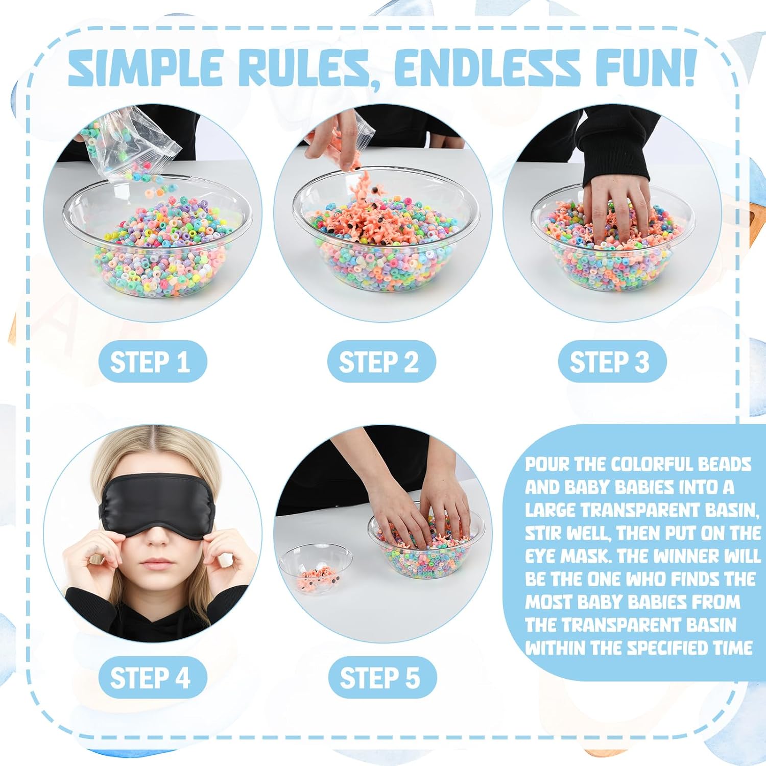 4 Sets 75 Pcs Baby Shower Games Funny Activities Include 8 Clear Basins Bowls 4 Blindfolds 60 Mini Babies 2 Color Mixed Beads and Card, Funniest Bridal Shower Game, Grab Baby Madness