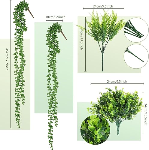 Miniatura 3 de Zeyune Juego de 48 plantas y flores colgantes falsas, ramo de flores de orquídeas coloridas, helecho boston, plástico, eucalipto, cesta suculenta,