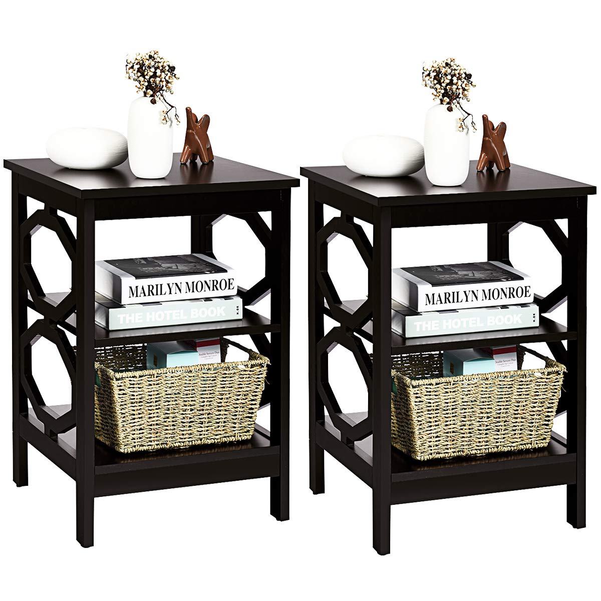 Comodino A 3 Livelli KOMFOTTEU - Dimensioni 34x30x58.5 Cm, Struttura In Metallo E Legno, Piedini Regolabili, Colore Grigio/nero