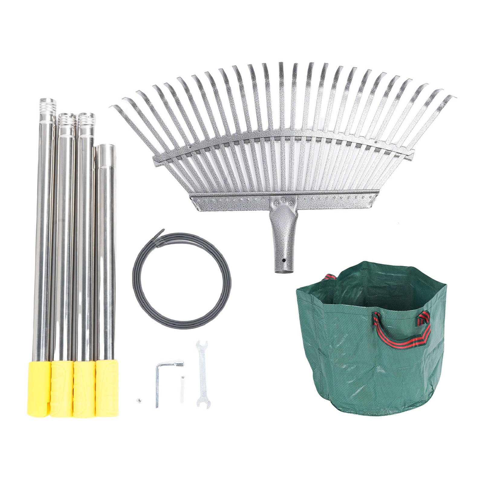 Rastrillo de jardín de hojas de metal, extraíble y ajustable, rastrillo de hojas resistente con bolsa reutilizable para patio exterior