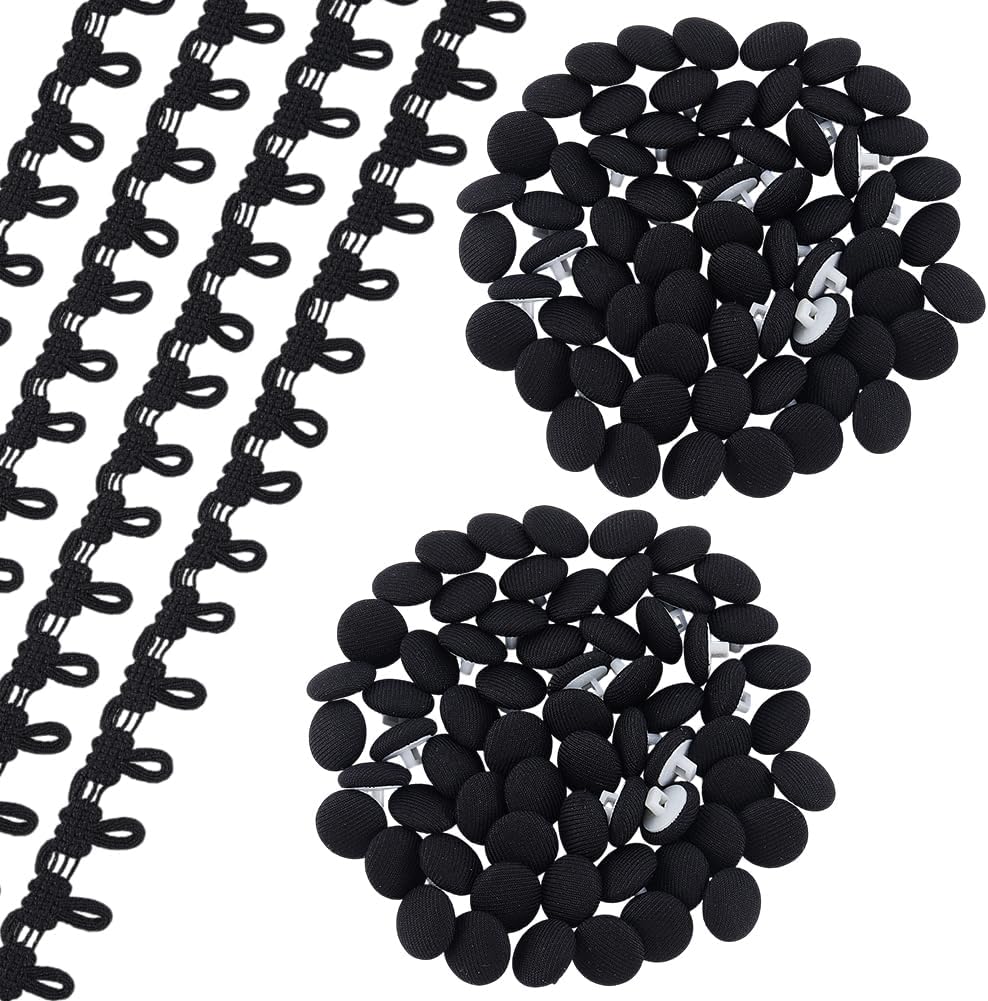 150PCS Fabric Cloth Covered Buttons with 3 Yards Braid Trim Elastic Button Loops Black Sewing Buttons for Wedding Dress Costume Clothing DIY Crafts Zipper Extender Decor