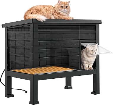 Outdoor Cat House Weatherproof, Insulated Feral Cat House Outdoor with Heated Pad, Elevated Feet & Escape Door, Warm Cat Hideaway for Feral Cats in Winter, Black