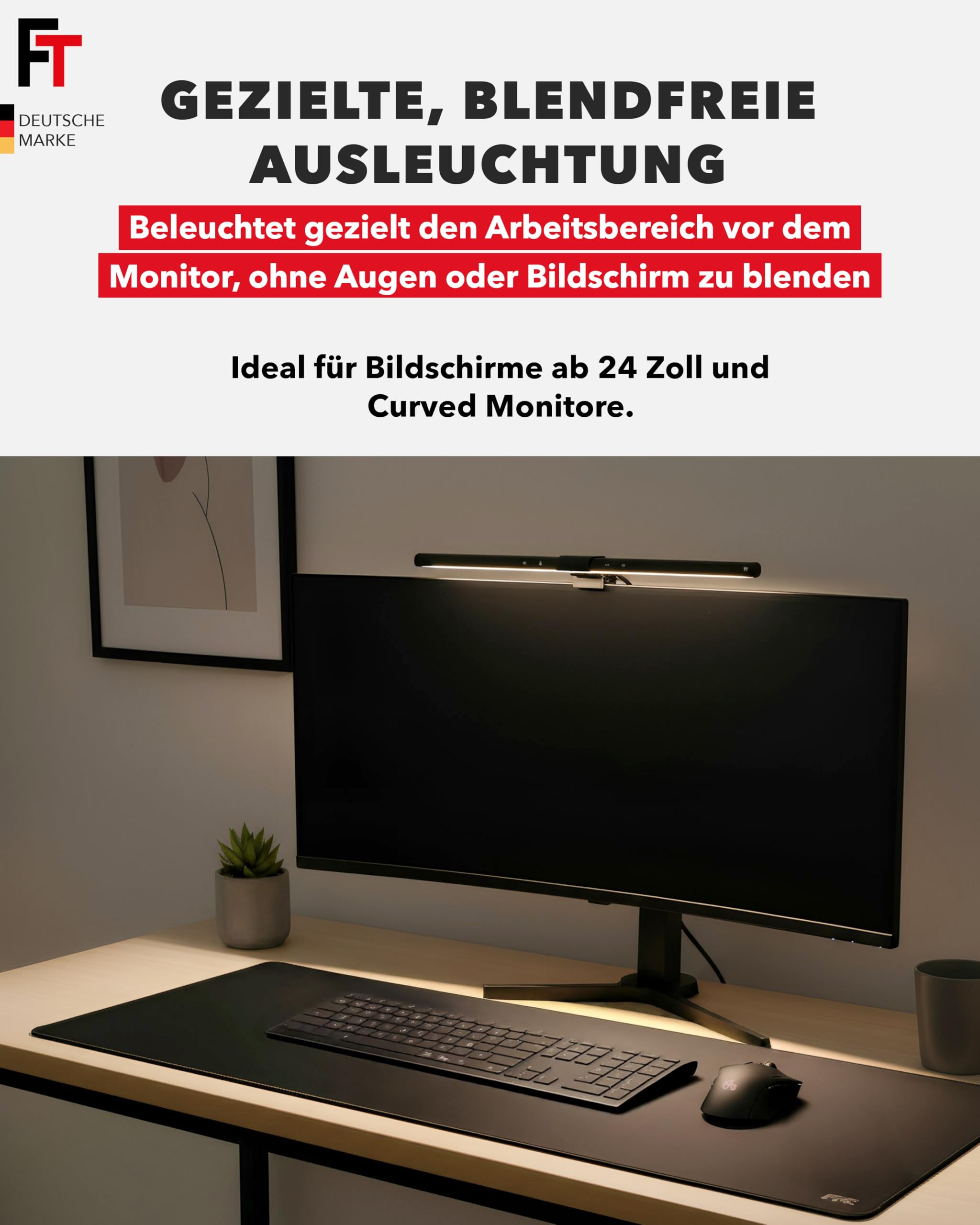 FeinTech LT750 LED Monitorlampe 51 cm USB Schreibtischlampe Lichtsensor Dimmbar Farbtemperatur Einstellbar Curved (ohne Fernbedienung)