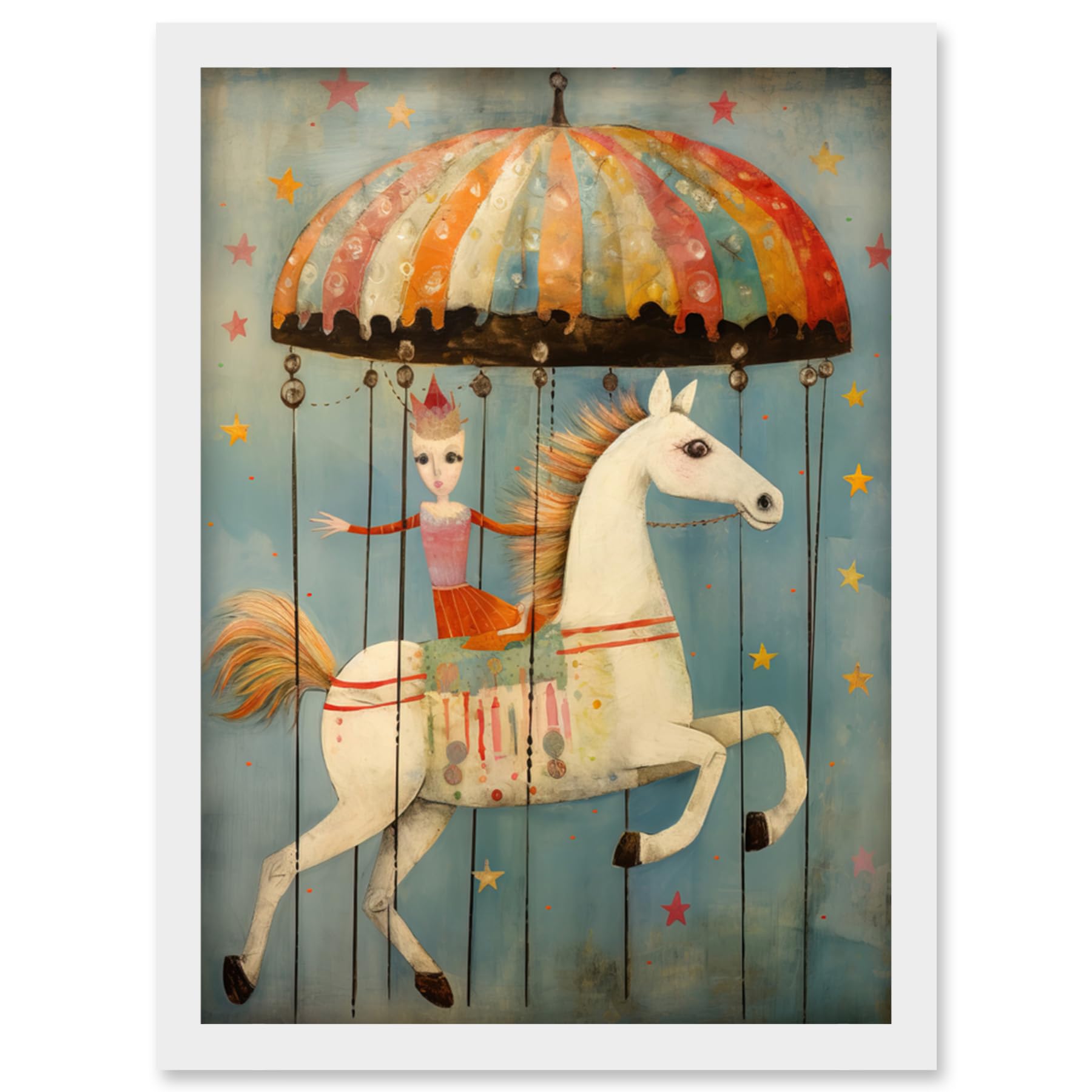 Artery8 Folk Art Whimsical Carousel Fairground Kids Girls Bedroom Artwork Soft Pastel Horse Artwork Framed Wall Art Print A4