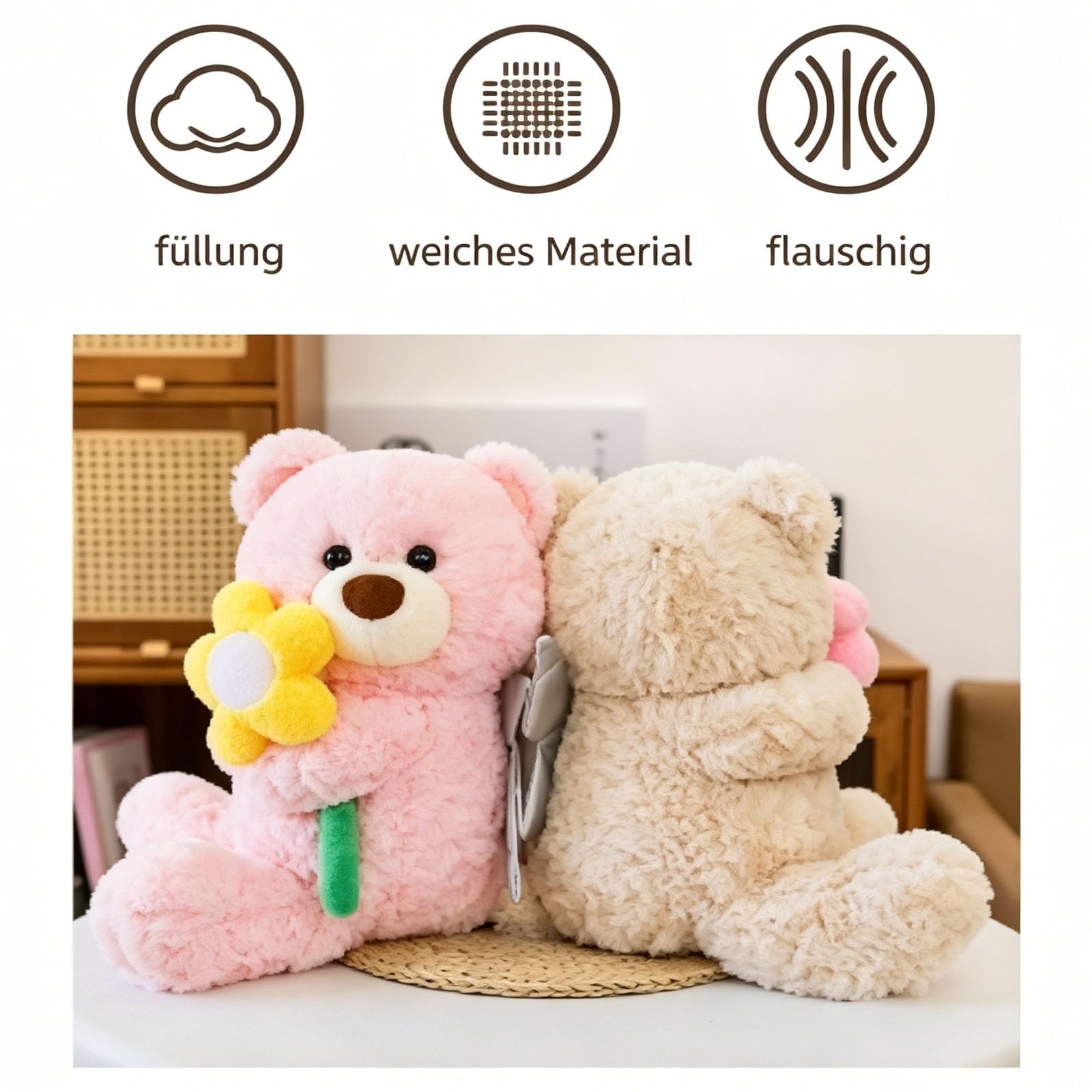 Teddybär Kuscheltier, Plüschbär mit Blumen und Engelsflügeln, Teddy Bear Plüschtier, Geschenke für Freundin Kinder Geburtstag, Valentinstag (Beige,60cm)