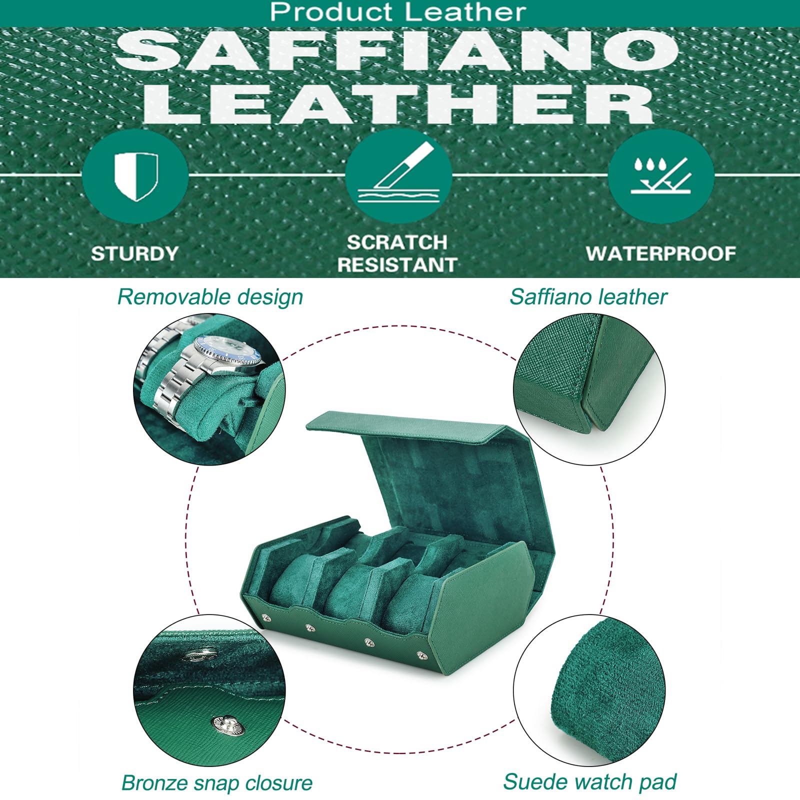Custodia esagonale per orologi Hiram in vera pelle Saffiano, scatola porta orologi per 6 orologi, custodia protettiva in pelle a 6 scomparti per orologi, organizer per orologi da uomo (verde)