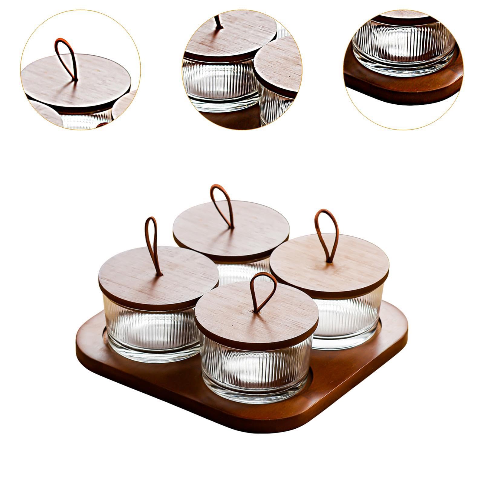 Servierschale mit Deckel Und Unterteiltem Design Perfekte Holz Glas Snackplatte Fruchtteller für Küche Restaurant Wohnzimmer Und Büro, 4 Gitter