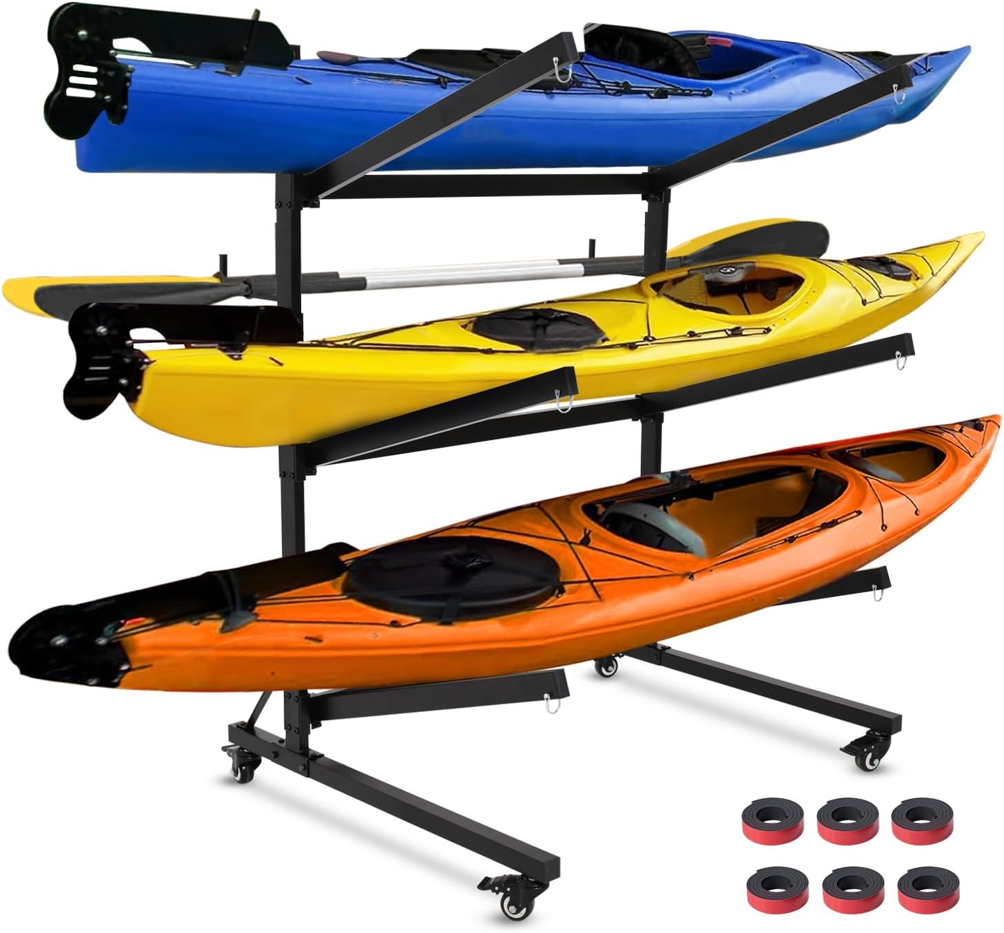 Kayak Stand & Storage Rack, Fits Kayaks, SUPs, Canoes, with Wheels, Max 400 LBS, for Garage & Outdoor Storage, Kayak Paddle Holder, Easy Transport & Organization (3 Kayaks Storage Rack)