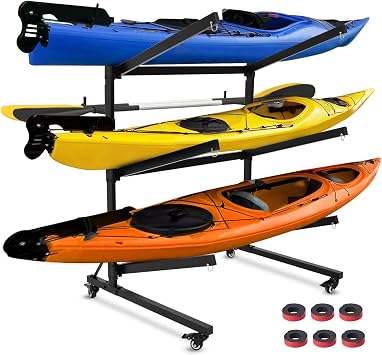 Kayak Stand & Storage Rack, Fits Kayaks, SUPs, Canoes, with Wheels, Max 400 LBS, for Garage & Outdoor Storage, Kayak Paddle Holder, Easy Transport & Organization 3 Kayaks Storage Rack