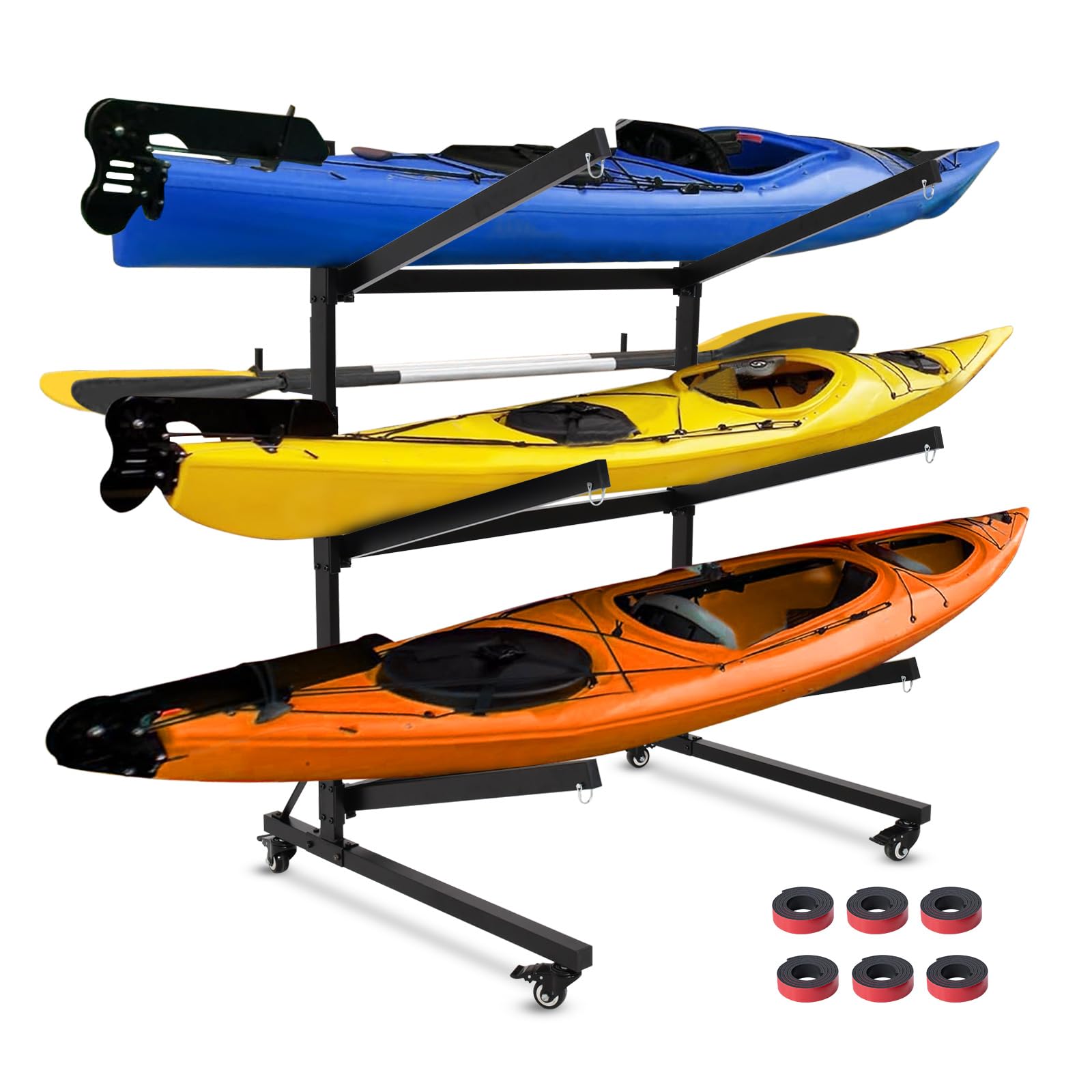 CNaiyunpin Kayak Stand & Storage Rack, Fits Kayaks, SUPs, Canoes, with Wheels, Max 400 LBS, for Garage & Outdoor Storage, Kayak Paddle Holder, Easy Transport & Organization (3 Kayaks Storage Rack)