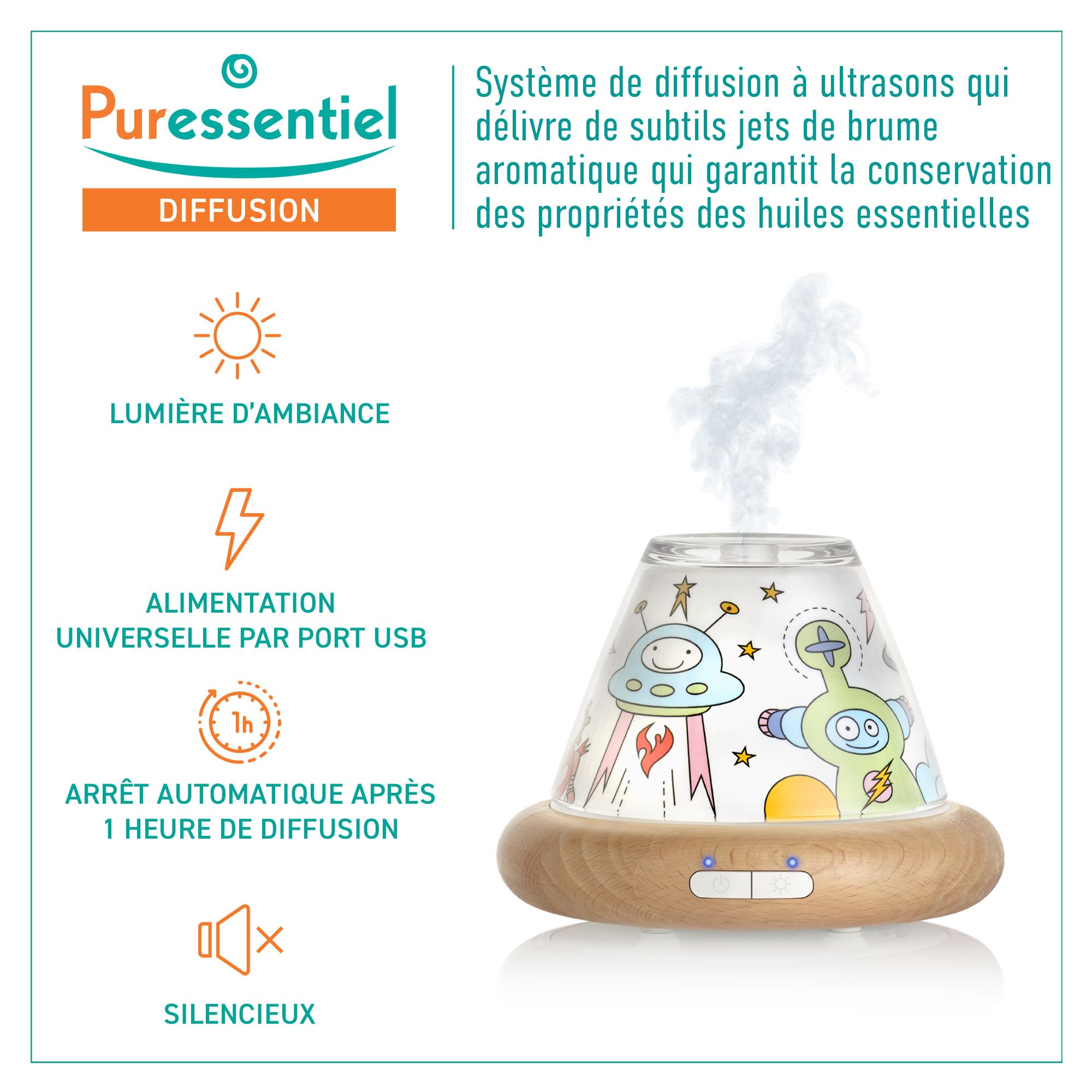 Puressentiel Diffuseur d'Huiles Essentielles Humidificateur ELIO | Modes veilleuse et sommeil pour les enfants. Décors personnalisables. Idée cadeau