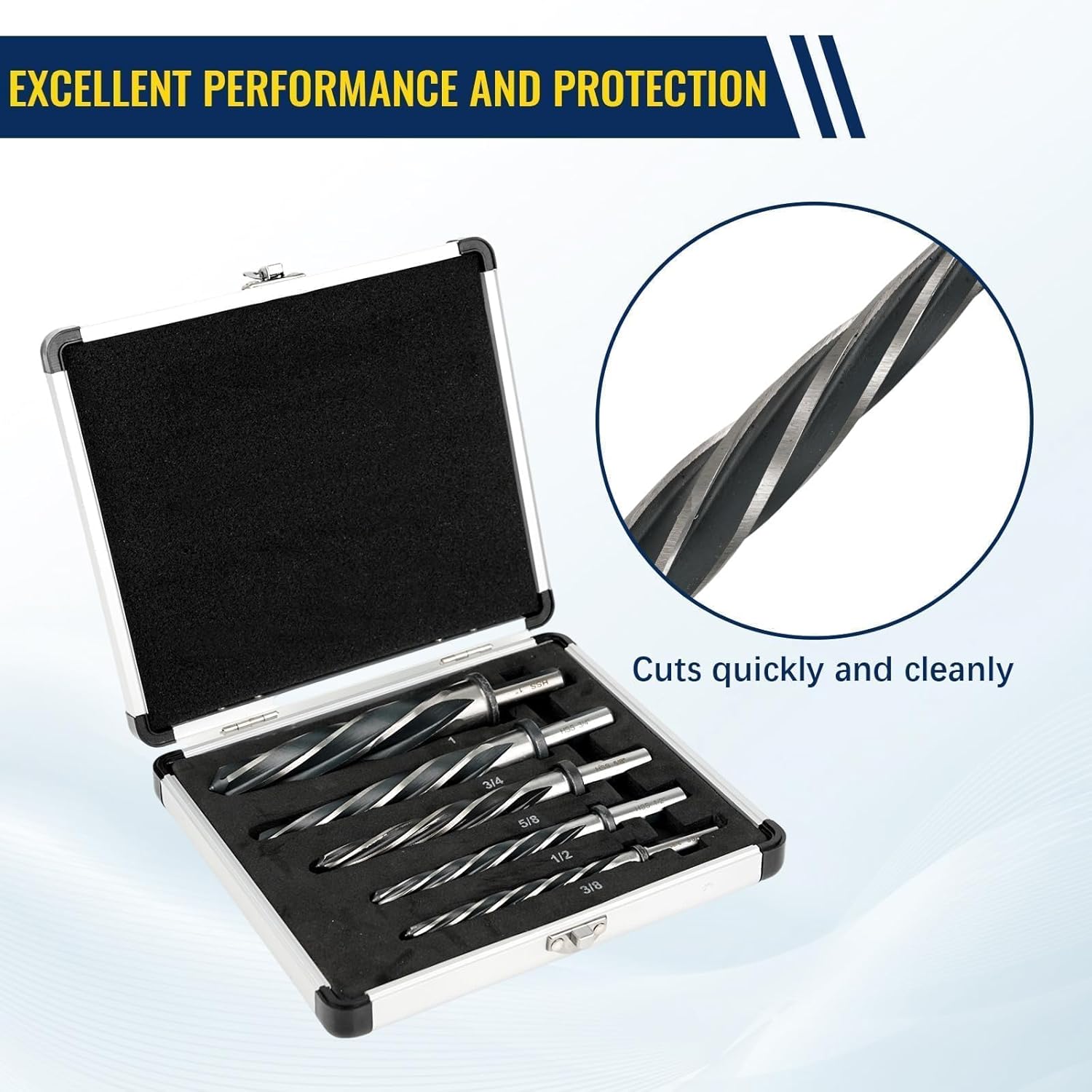 5 Piece M2 HSS Taper Chucking Reamer Set, 1", 3/4", 5/8", 1/2", 3/8", 1/2" 3-Flat Round Shank Bridge Reamer Drill Bits, Used to Align Existing Hole and Enlarge Hole for Steel, Metal, Wood, Alloy
