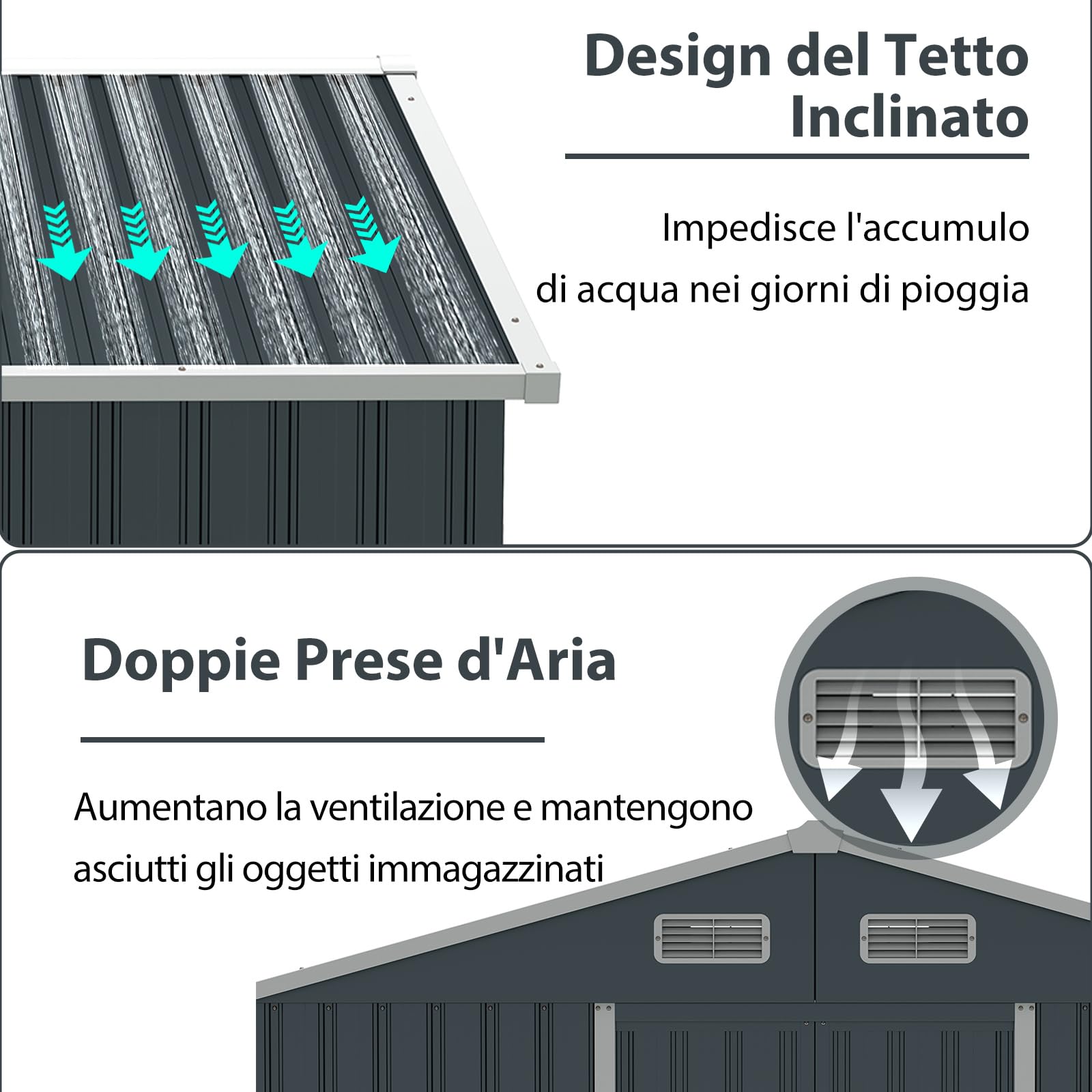 COSTWAY Casetta da Giardino 3,66㎡, Capanno da Esterno con Tetto Spiovente e Porte Scorrevoli, 4 Prese d'Aria e Base, in Metallo Zincato Resistente alle Intemperie, 235 x 171 x 196 cm