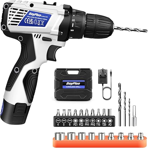 Taladro inalámbrico, juego de taladro con portabrocas de 38 pulgadas, LED integrado, cargador rápido, 23 accesorios, velocidad variable, taladro