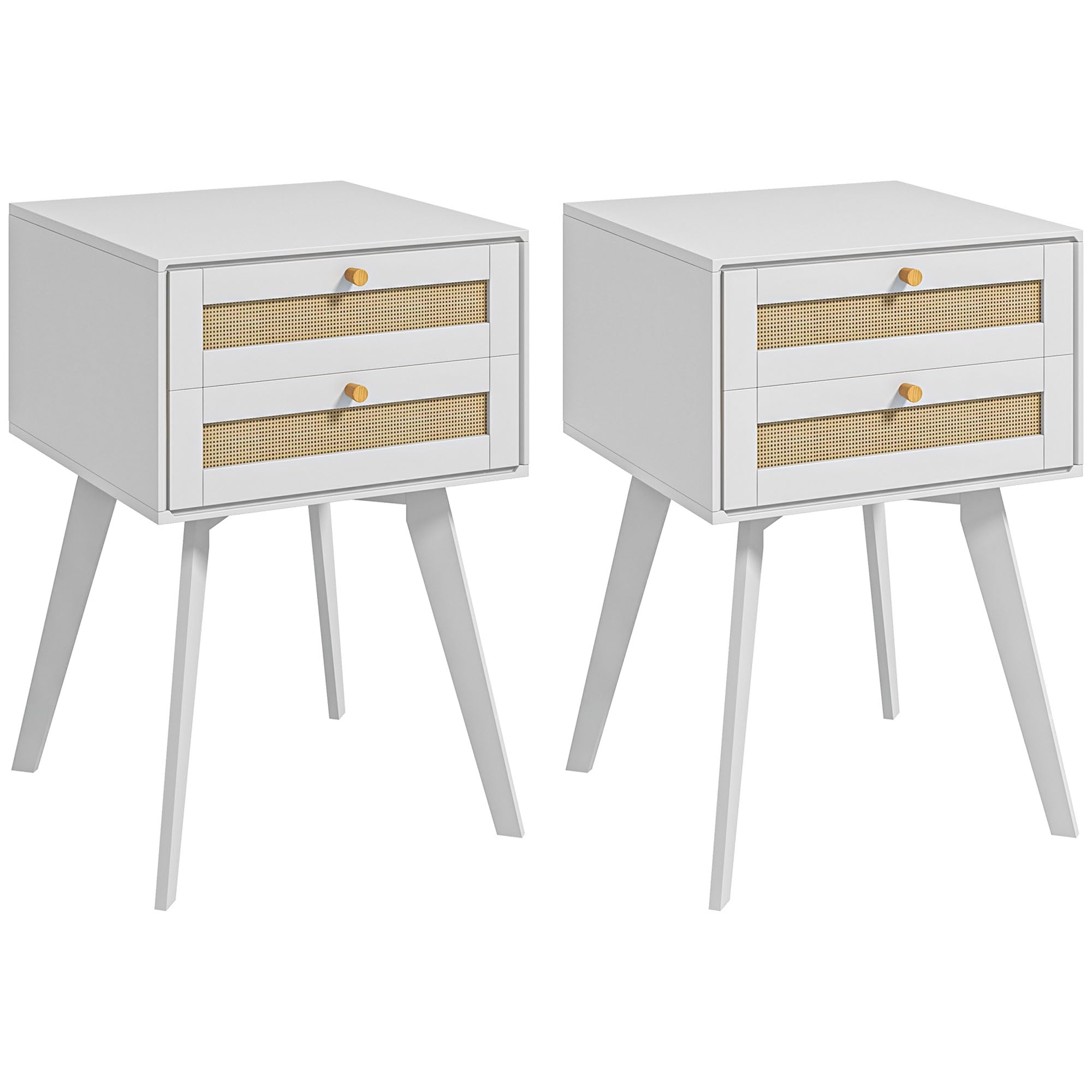 HOMCOM – Juego de 2 mesitas de noche, mesas auxiliares, 2 cajones con fachadas de ratán tejido, estilo bohemio, mesitas de noche para dormitorio de madera dim. 40 x 40 x 60 cm, color blanco