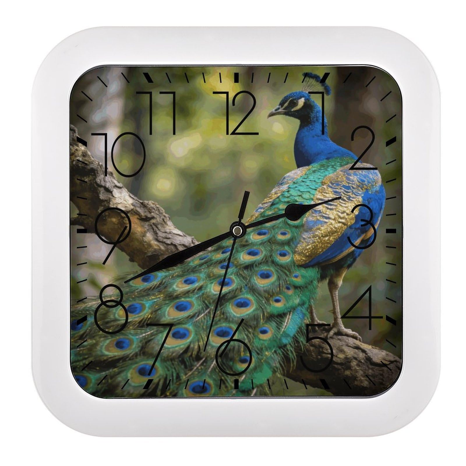 Fodpand Style Colorful Peacock On A Tree Branch Wall Clock,Battery Operated Modern Retro Rounded Square Clock Clock For Bedroom Living Room Office Home Gym Porch Decor Indoor Outdoor 10.2 * 10.2In