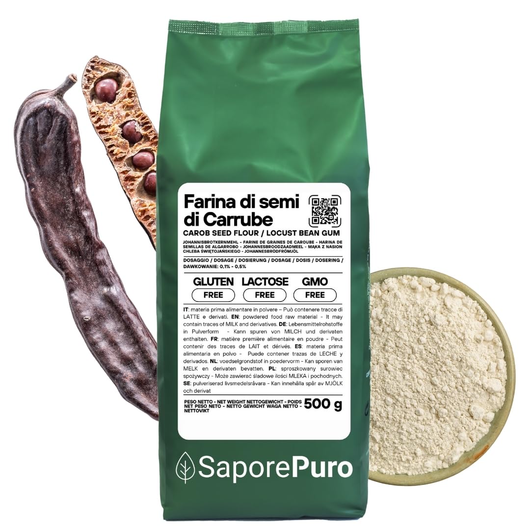 Saporepuro Farina di Semi di Carrube 500 gr - SENZA GLUTINE - Addensante e gelificante naturale 100% puro - Ideale per Gelati, Sorbetti, Dolci e Salse