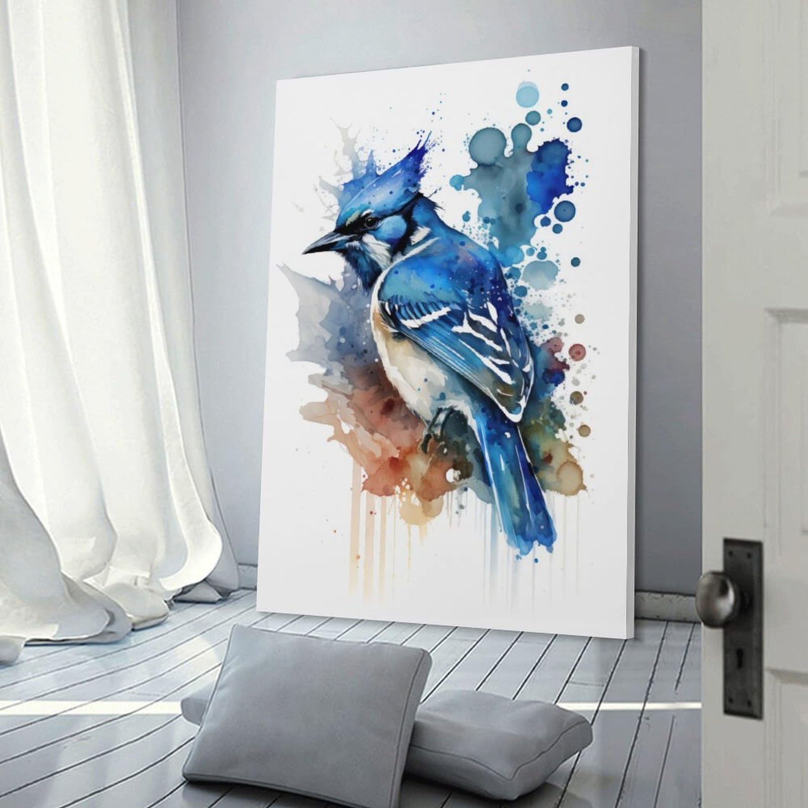 Junmoney Frame-Style-6 Canvas Art Print Blue Jay Watercolor Print, 08X12inch(20X30cm), For Contemporary Homes, Apartments Or Offices, Decorative Canvas Decor For Home Updates