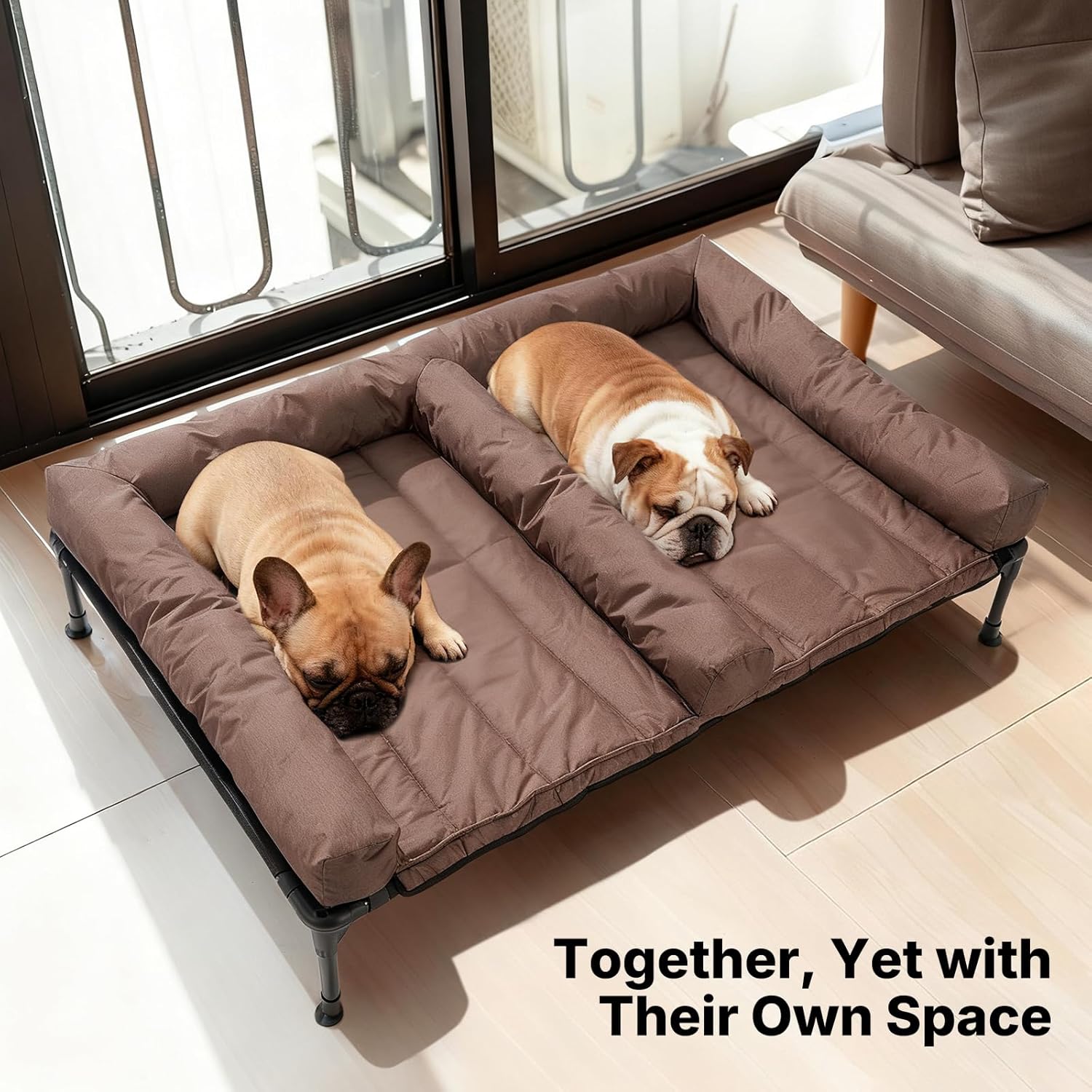 Veehoo Cooling Raised Dog Beds + Waterproof Double Dog Bed Cushion for Two Medium Dogs, Elevated Pet Cot with Removable Bolster Mat, Breathable Mesh, No-Slip Feet, Pets Couch Bed, 49x 33inches, Brown Waterproof-Brown 49.0"L x 33.0"W x 9.0"Th