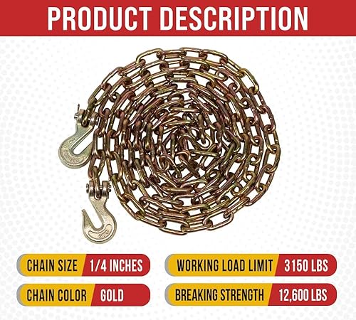 Miniatura 9 de Mytee Products Cadena de 38 pulgadas x 16 pies de grado 70 con ganchos de agarre de horquilla  Cadena de remolque de transporte G70  Límite de carga
