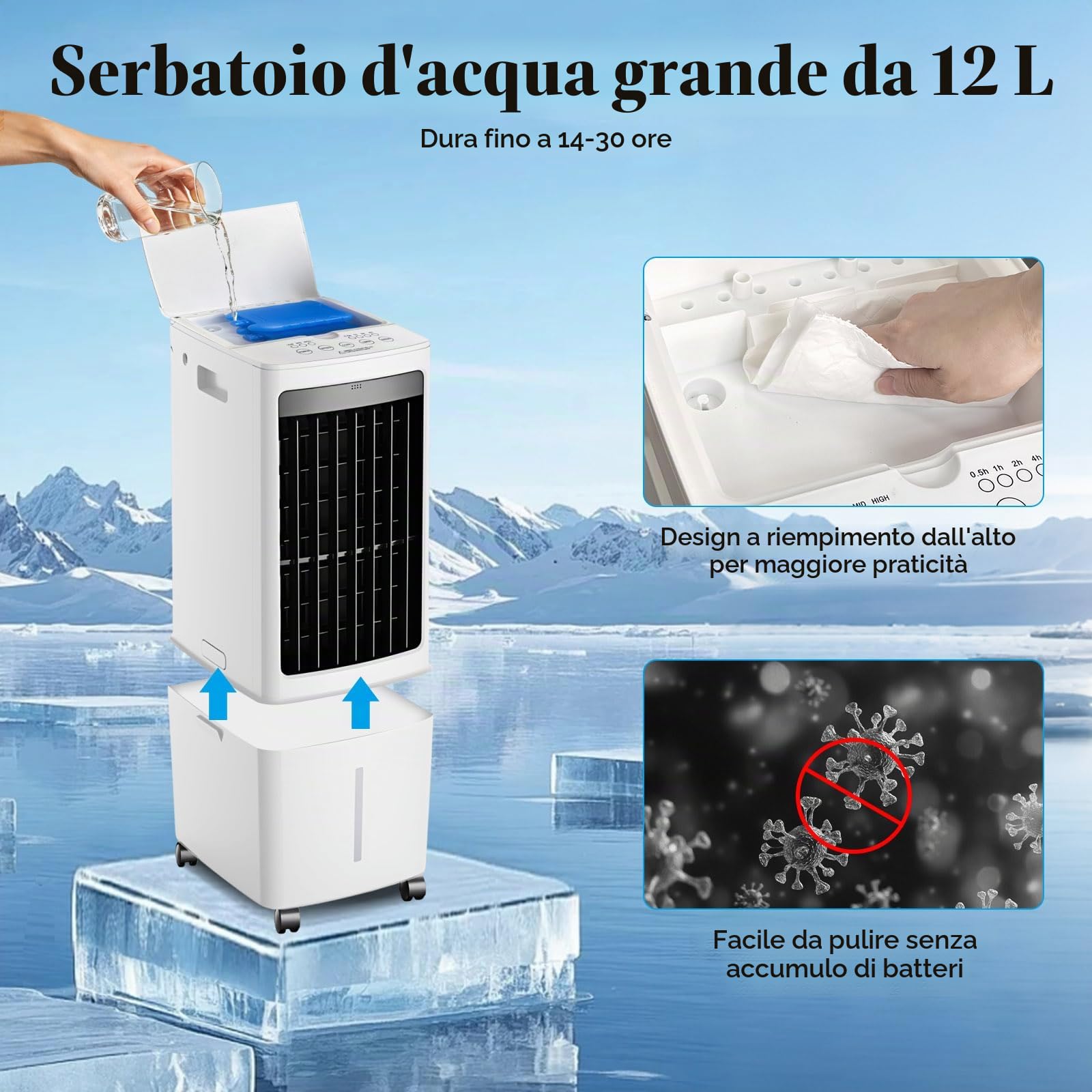 12L Rinfrescatore d'Aria Portatile, Raffrescatore Evaporativo con Telecomando, Timer, 2 Scatole del Ghiaccio