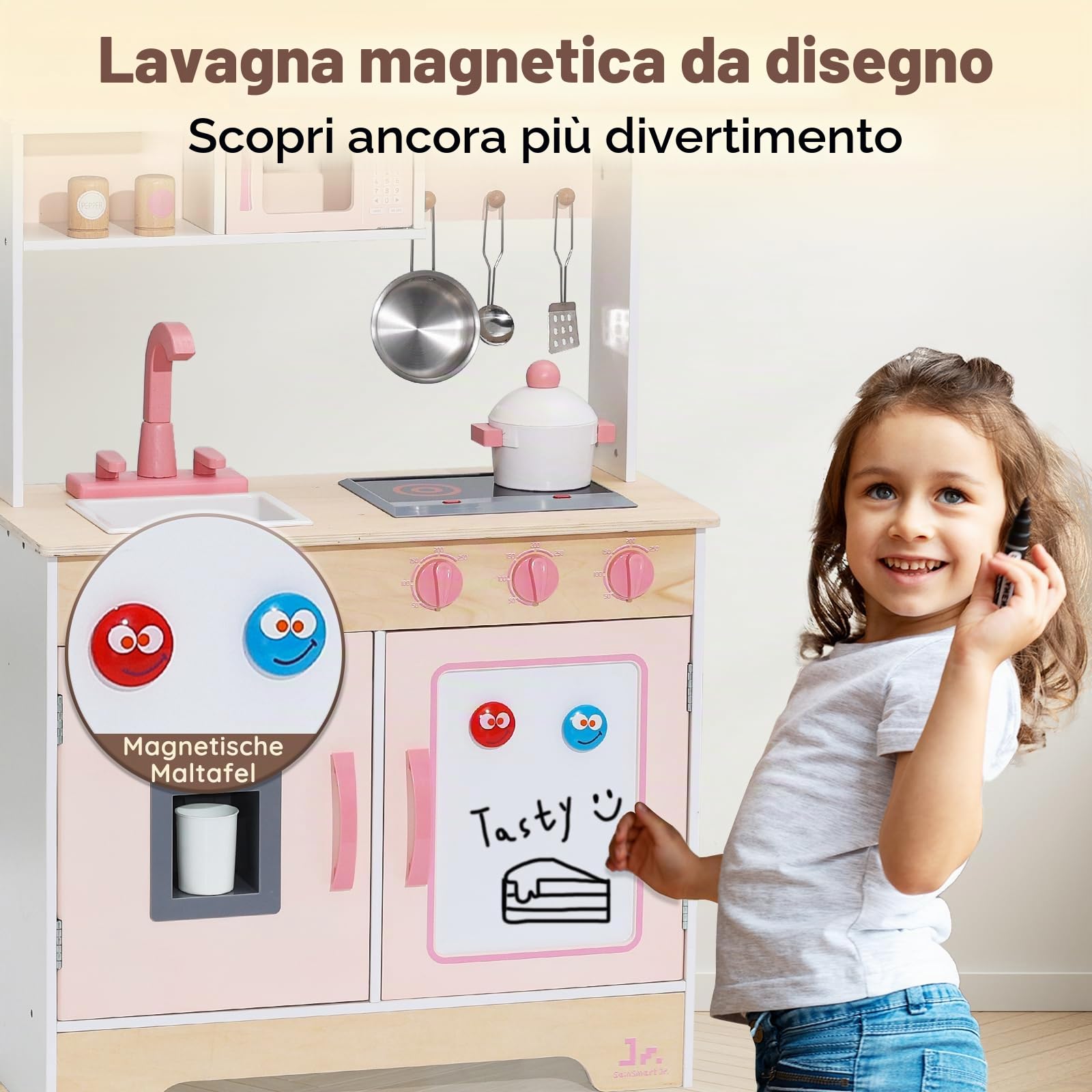 SainSmart Jr. Cucina da gioco in legno per bambini, set da cucina premium per bambini, include fornello, frigorifero e accessori per ragazze, rosa