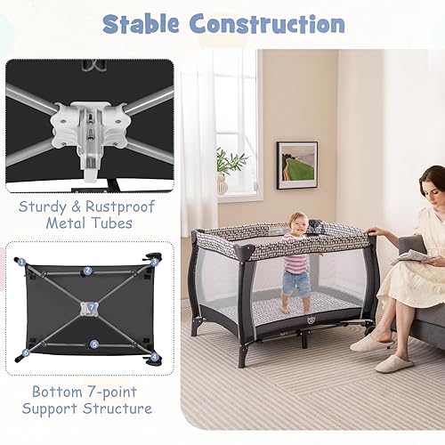 Miniatura 8 de HONEY JOY Pack and Play, centro de guardería plegable 4 en 1 con moisés infantil de tamaño completo y cambiador de pañales, cuna portátil para niños
