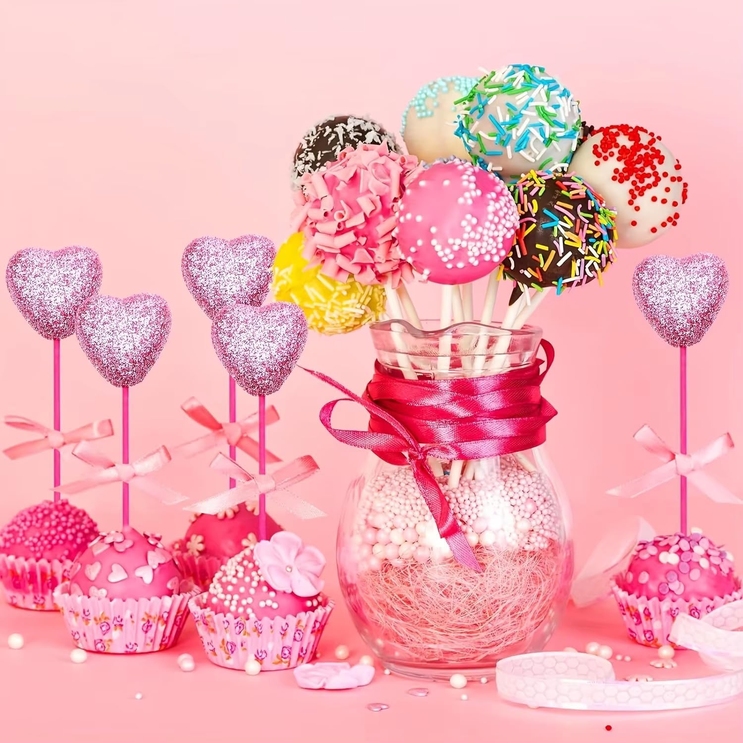 10 Pcs Glitter Foam Hearts Picks Valentine Day Sparkly Sticks Floral Arranging Supplies Wedding Birthday Home Holiday Party Vase Cake Decoration (Pink)