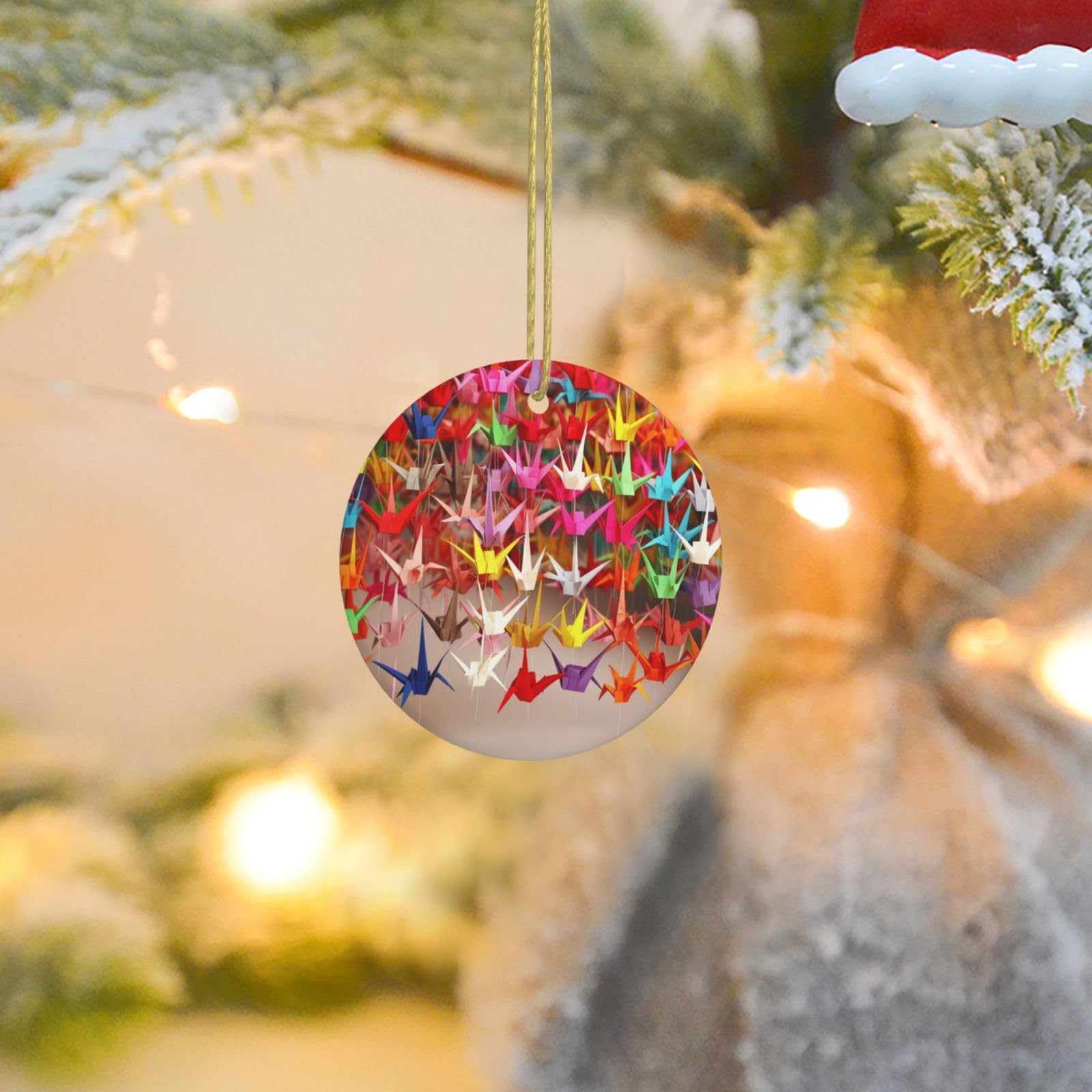 Christmas Ornaments for Christmas Tree Decoration Ceramic Hanging Origami Paper Cranes Ornament with Gold Ribbon Crafts Round Pendant for Keepsake Gifts Glass Xmas Decor Party Supplies