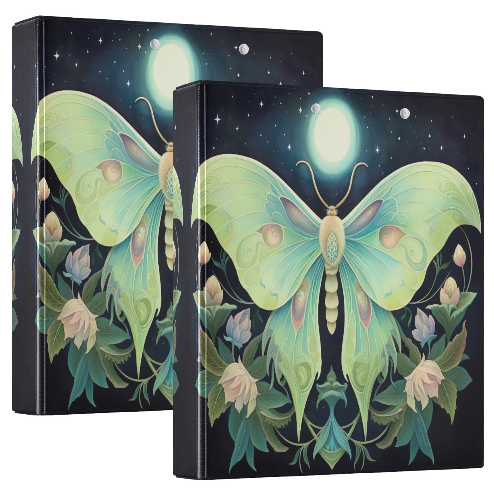 Luna Moth - Raccoglitore a 3 anelli con motivo floreale, con portablocco, grande, per scuola, università, ufficio (confezione da 2)