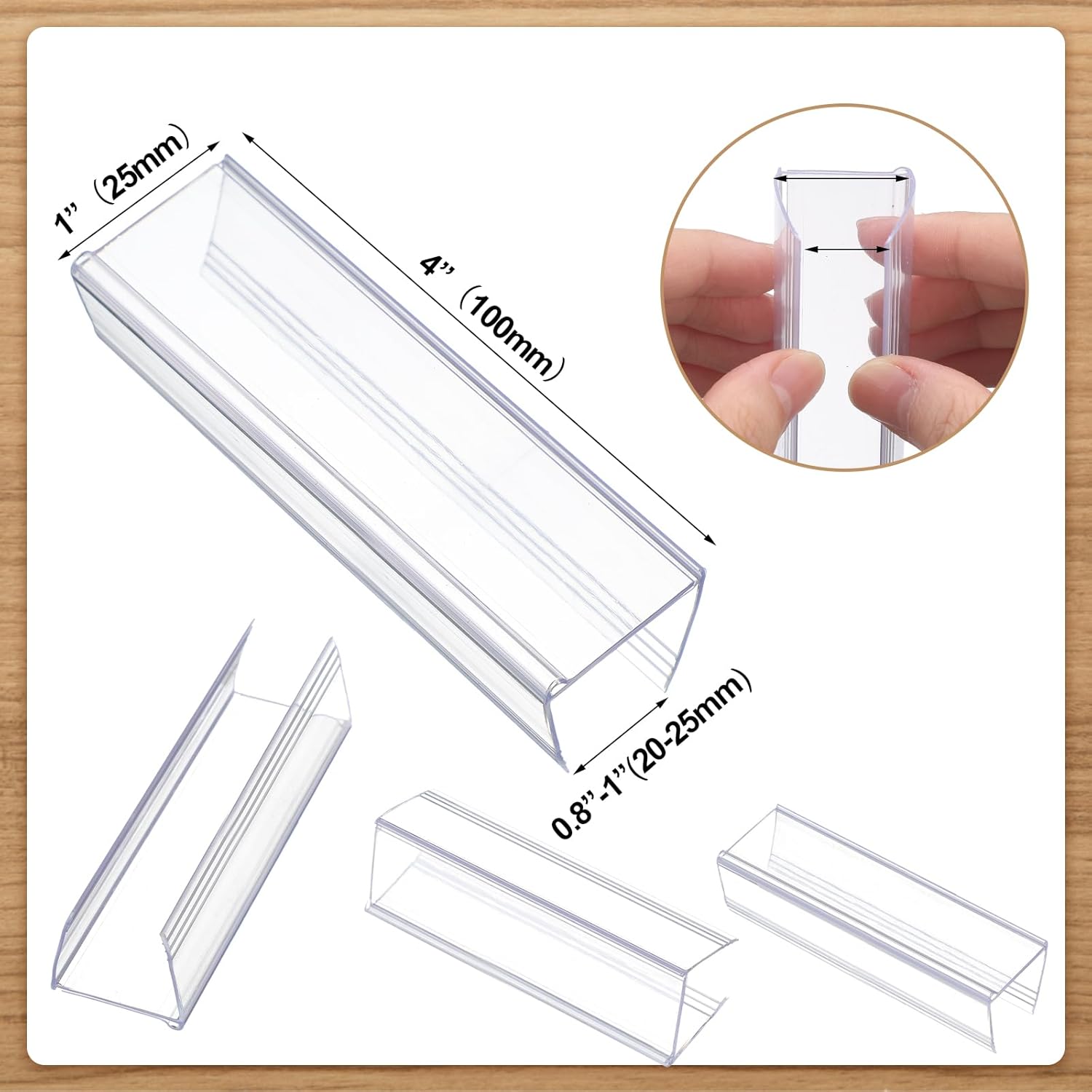 Weysat 100 Pcs Wood Shelf Label Holders Clear Plastic Price Tag 4 in L x 1 in H for Bookshelf Shelves, Wood Shelf Sign and Ticket Holder, Clips On to Shelves 3/4 to 1 Thick