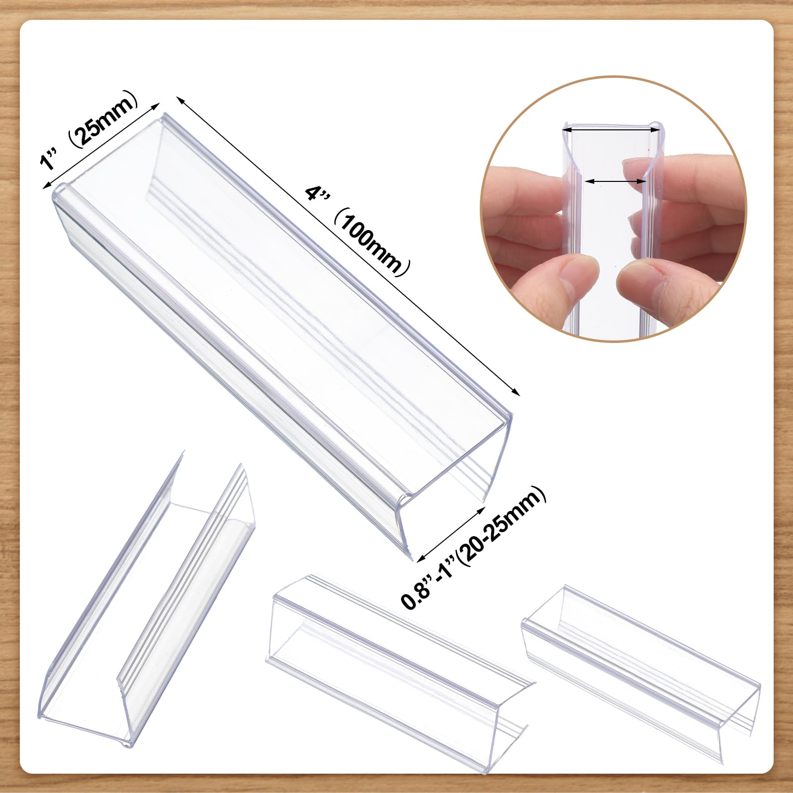 Weysat 100 porta etichette in legno trasparente per mensole, 10,2 cm di lunghezza x 2,5 cm di altezza, per scaffali, cartelli in legno e porta biglietti, clip su scaffali da 1,9 cm a 2,5 cm di