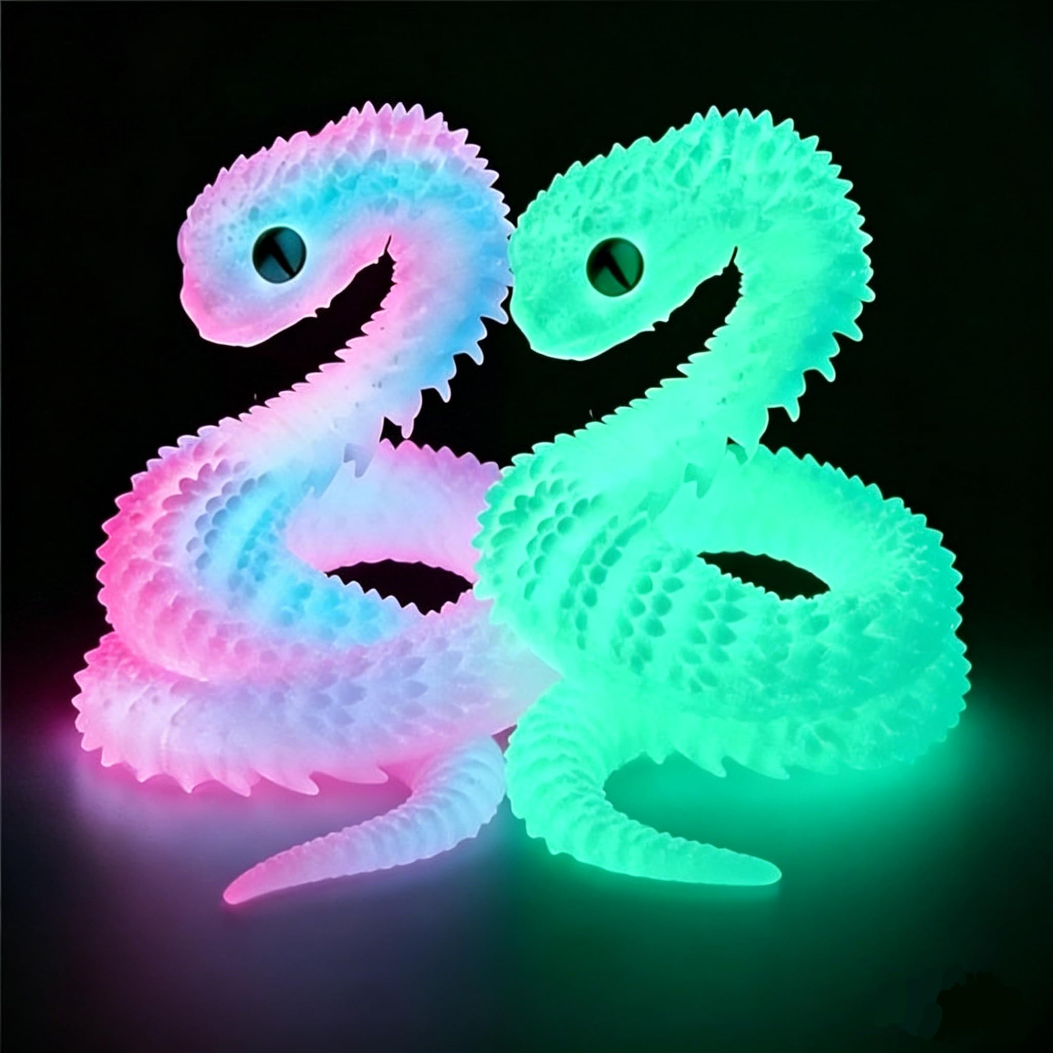 View 1 of **ONLY 1** 2PCS 24in 3D Printed Snake Toys, Flexible 3D Printed Animal, Fidget ADHD Snake Toys, Perfect Desk Pet for Animal Collectors, Summer Craft Gift, Summer Party Essentials(Night Light Rainbow&Green)